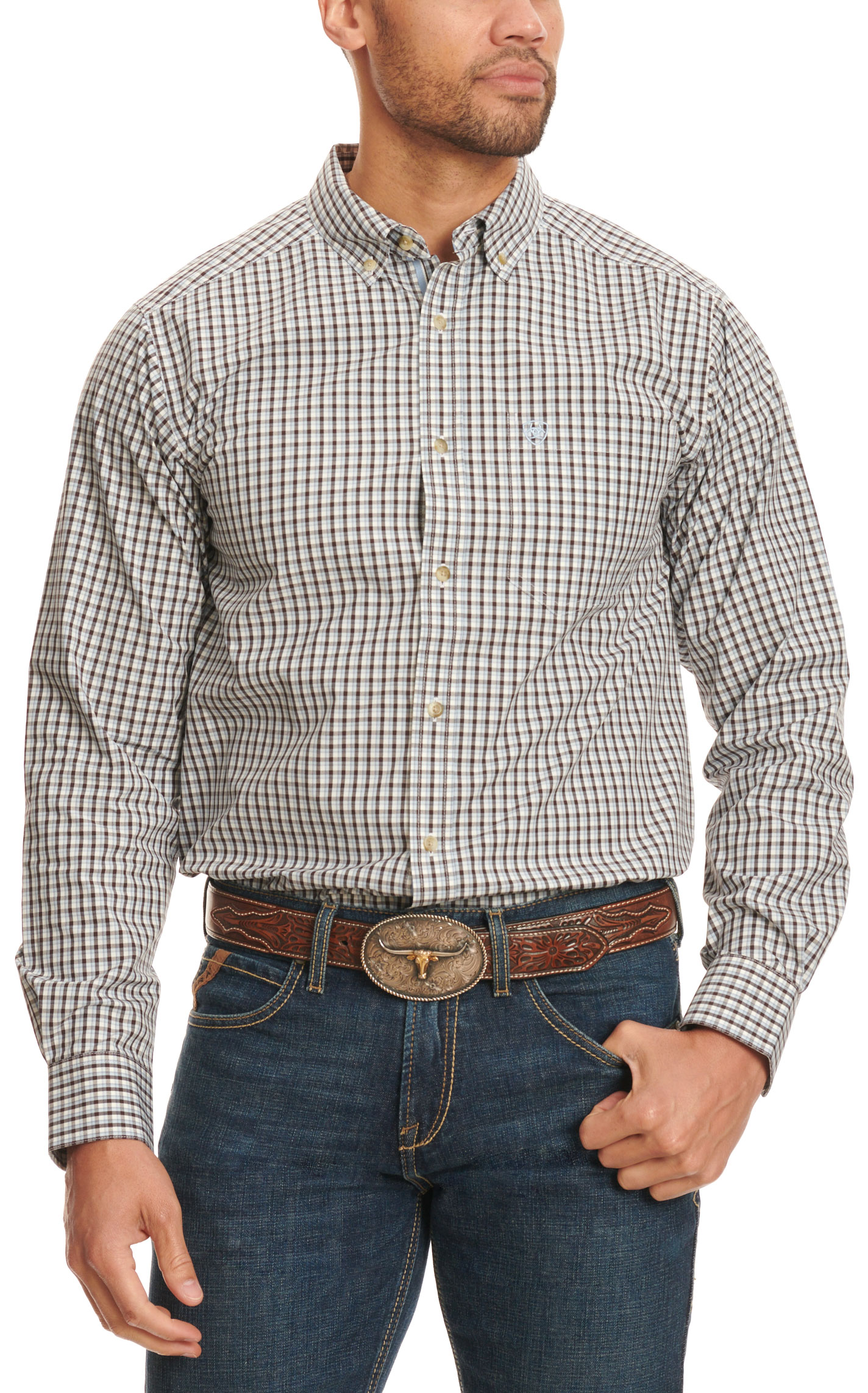 Ariat Pro Series Men's Creek Black & Cornflower Plaid Western Shirt - Image 1