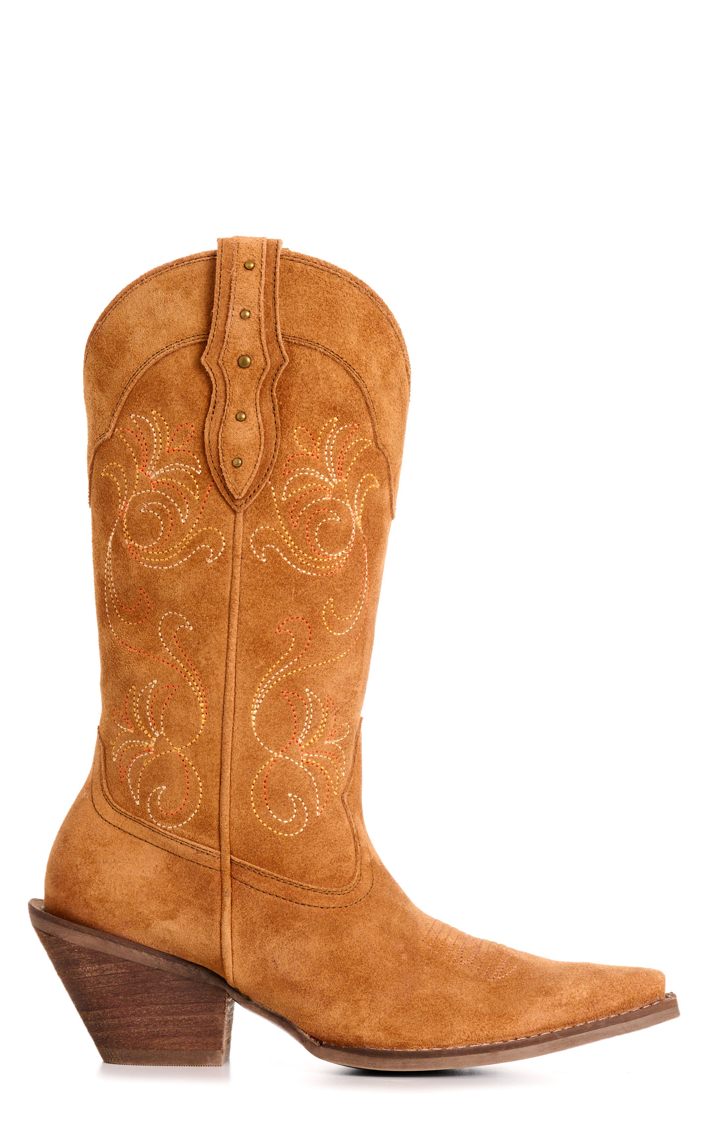 Rockin C Women’s Nut with Floral Embroidery and Stud Accents Suede Snip Toe Cowboy Boots - Image 1