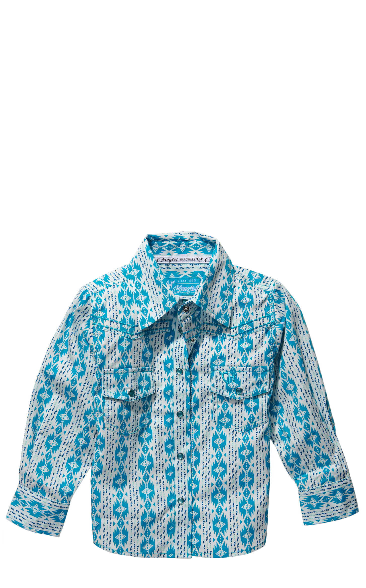 Cowgirl Hardware Toddler Girl's White & Turquoise Aztec Print Long Sleeve Western Shirt - Image 1