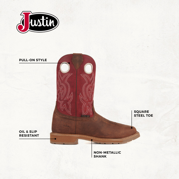 Justin Men's All Around Walnut Brown and Red Square Steel Toe Work Boots - Image 1