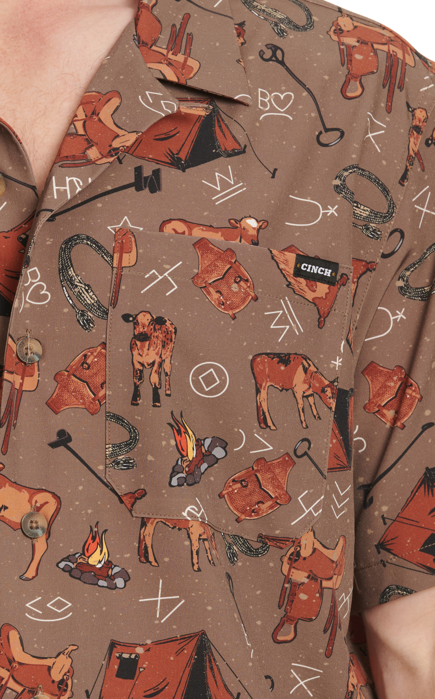 Cinch Men's Chocolate Western Brands & Calf Print Short Sleeve Camp Shirt  - Image 1