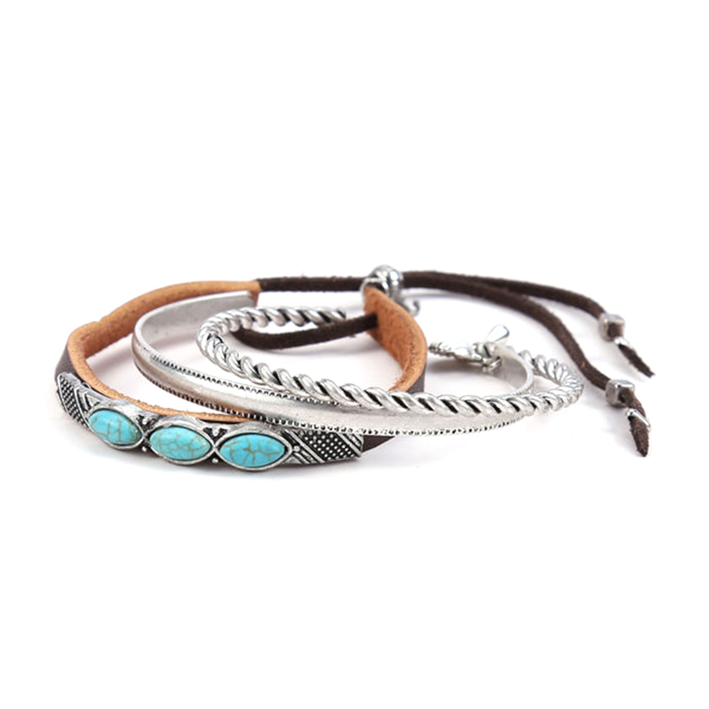 Cowgirl Confetti Rolling Stone Silver & Turquoise 3-Piece Leather Bracelet Set - Image 1