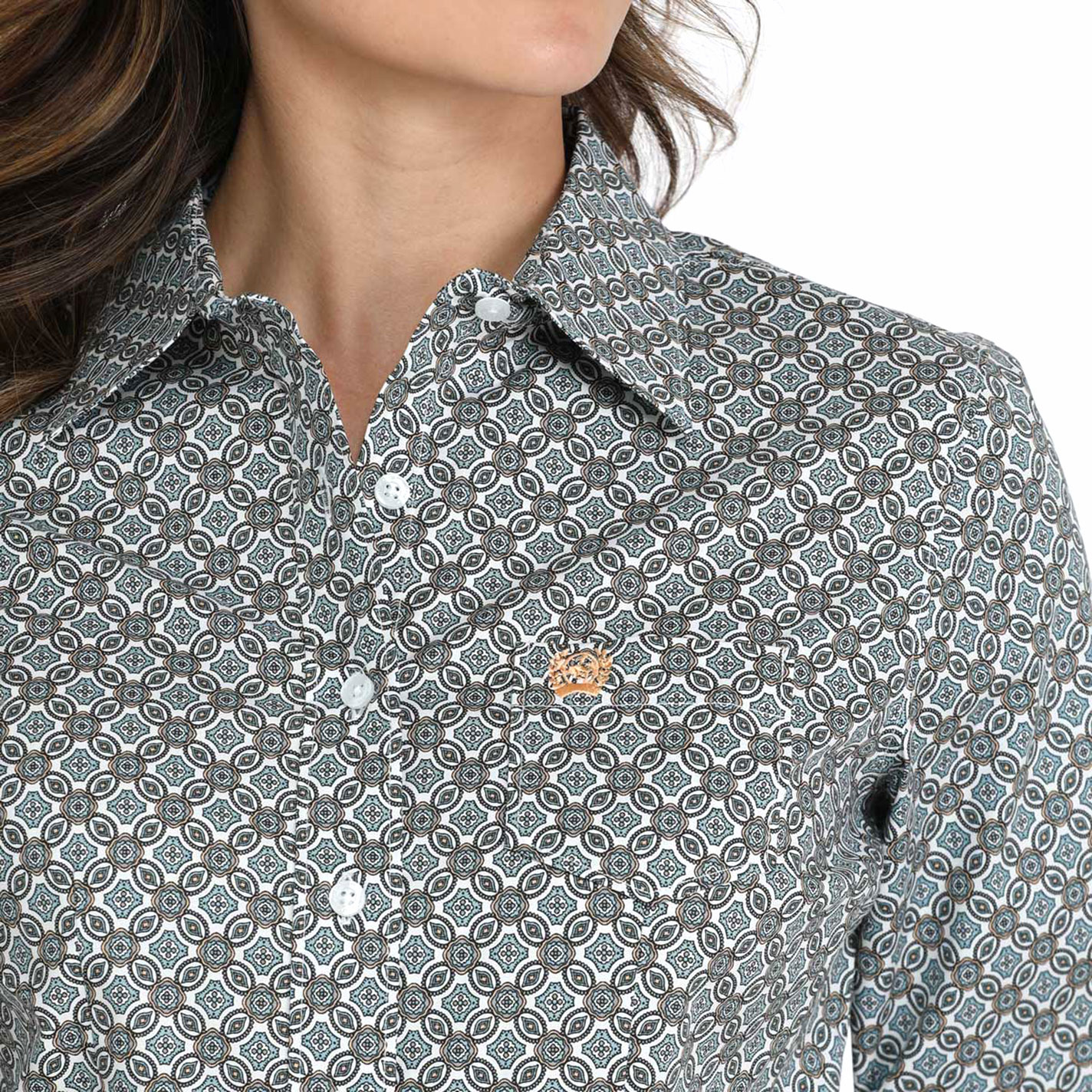 Cinch Women's Teal Geometric Print Western Shirt - Image 1