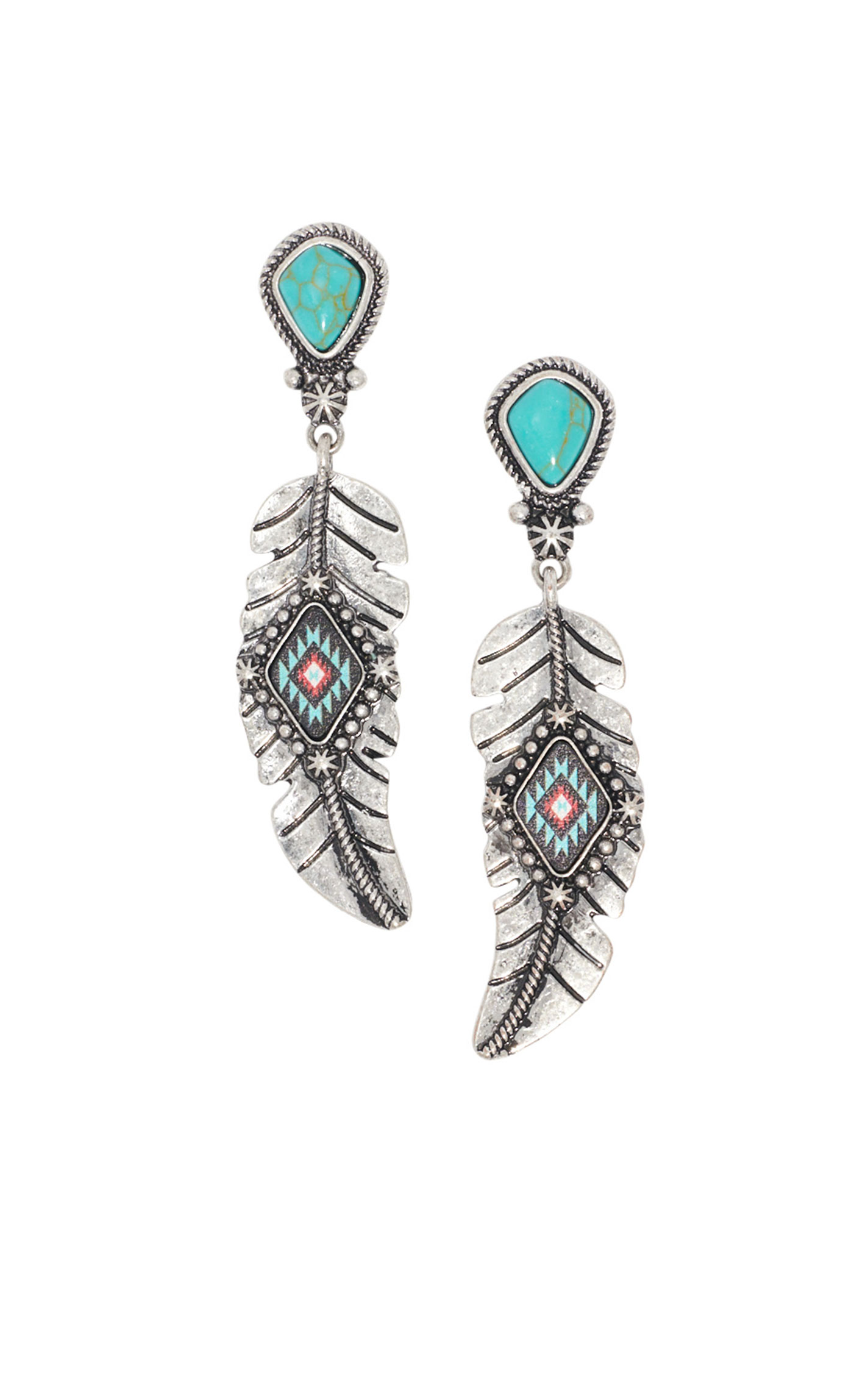 806 Silver Aztec Feather & Turquoise Dangle Post Earrings - Image 1