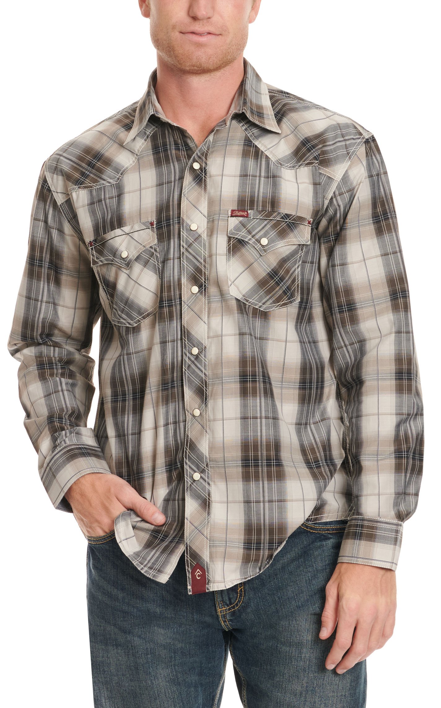 Rafter C Men's Red Dirt Collection Gray & Black Plaid Western Shirt - Image 1