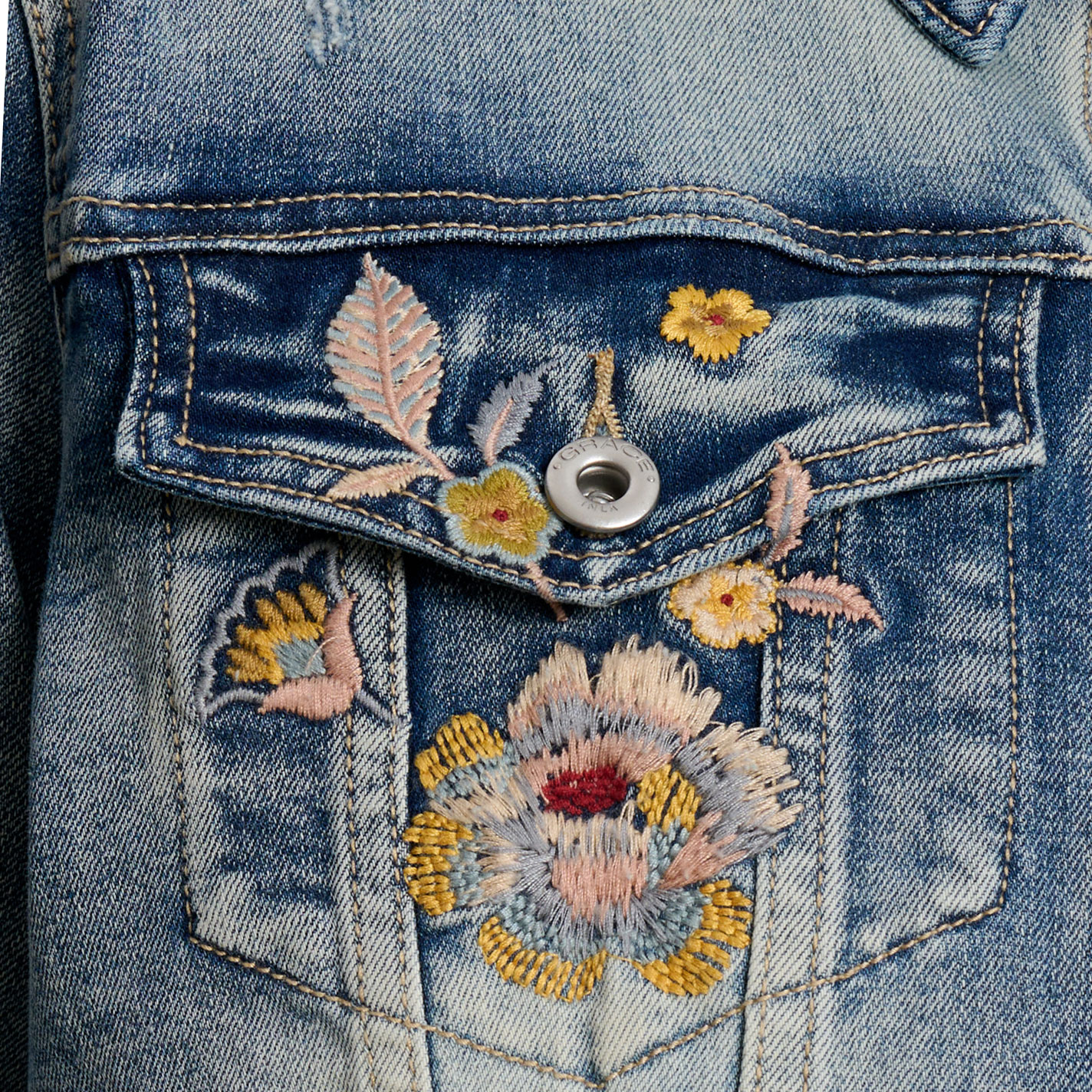 Grace in LA Women's Light Wash Floral Embroidered Jacket - Image 1