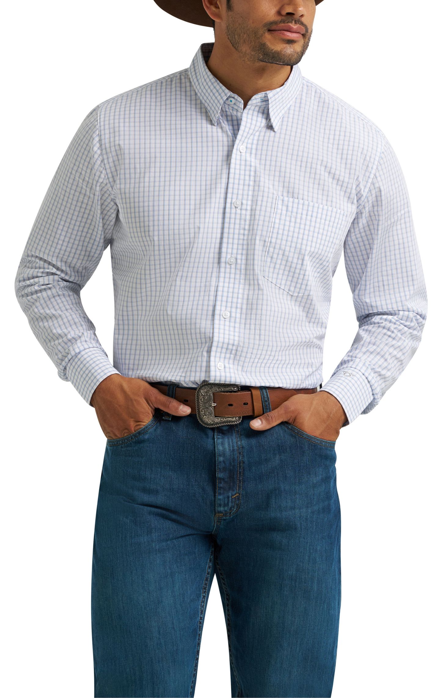 Wrangler Cody Johnson Men's White & Blue Gingham Print Western Shirt - Image 1