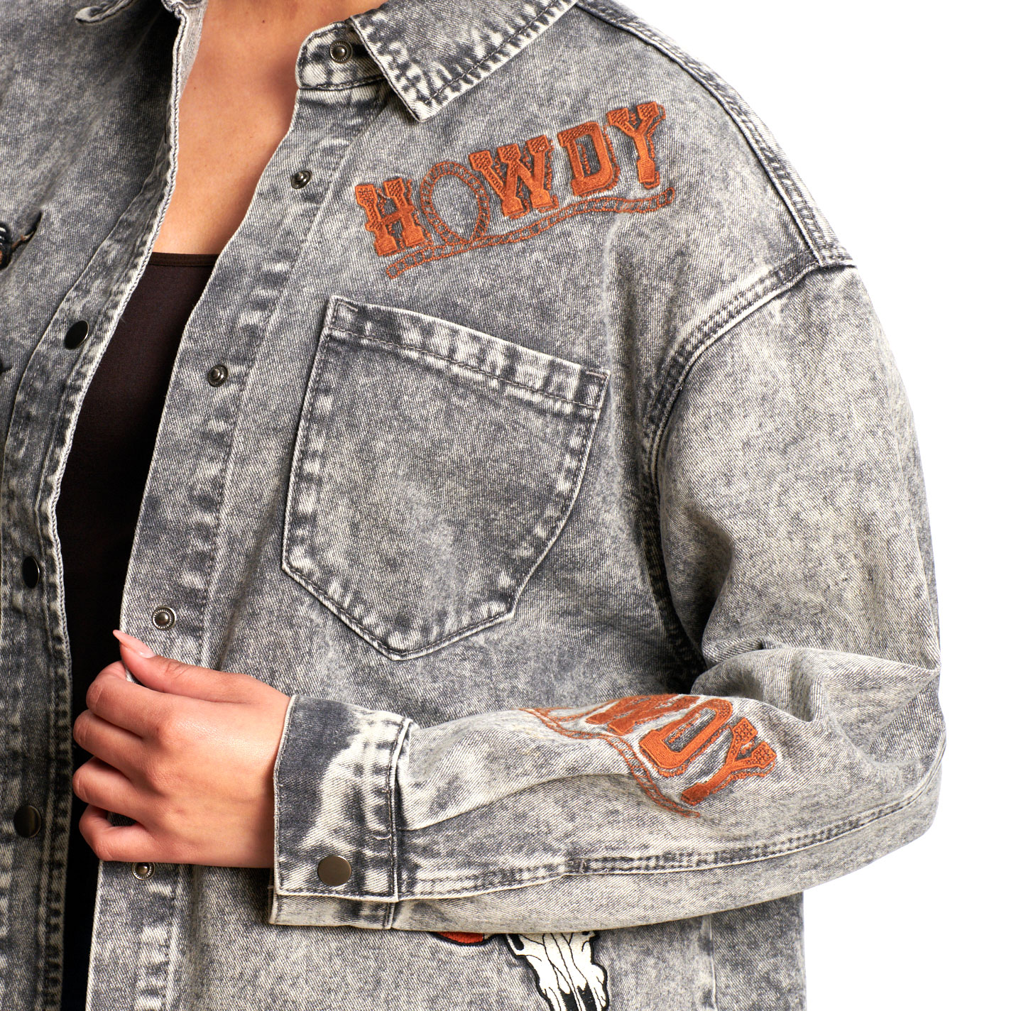 Marigold Kiss Women's Gray Wash Western Patch Denim Shacket  - Image 1