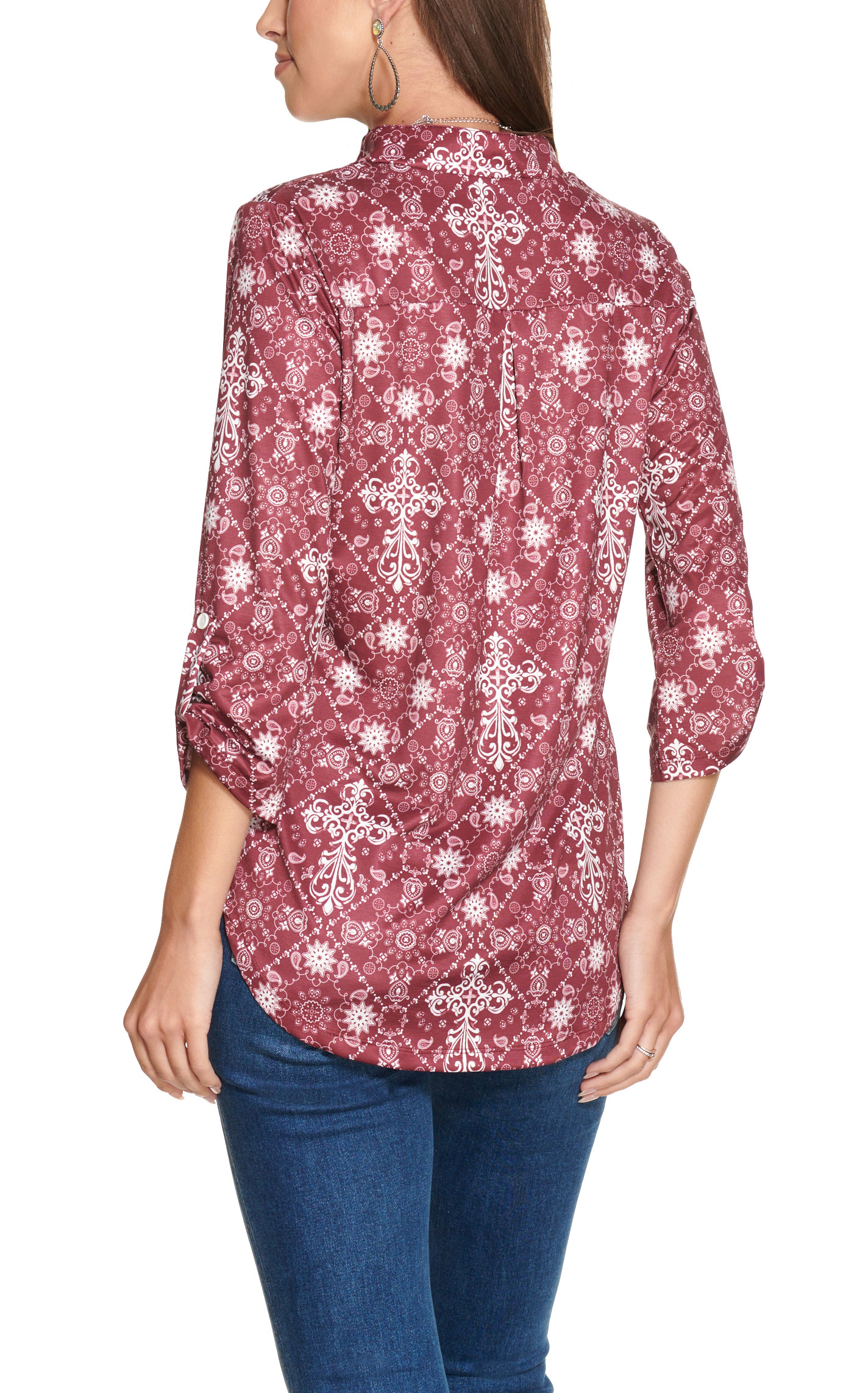 Cowgirl Hardware Women's Burgundy with White Bandana Cross Print 3/4 Tabbed Sleeve Top - Image 1