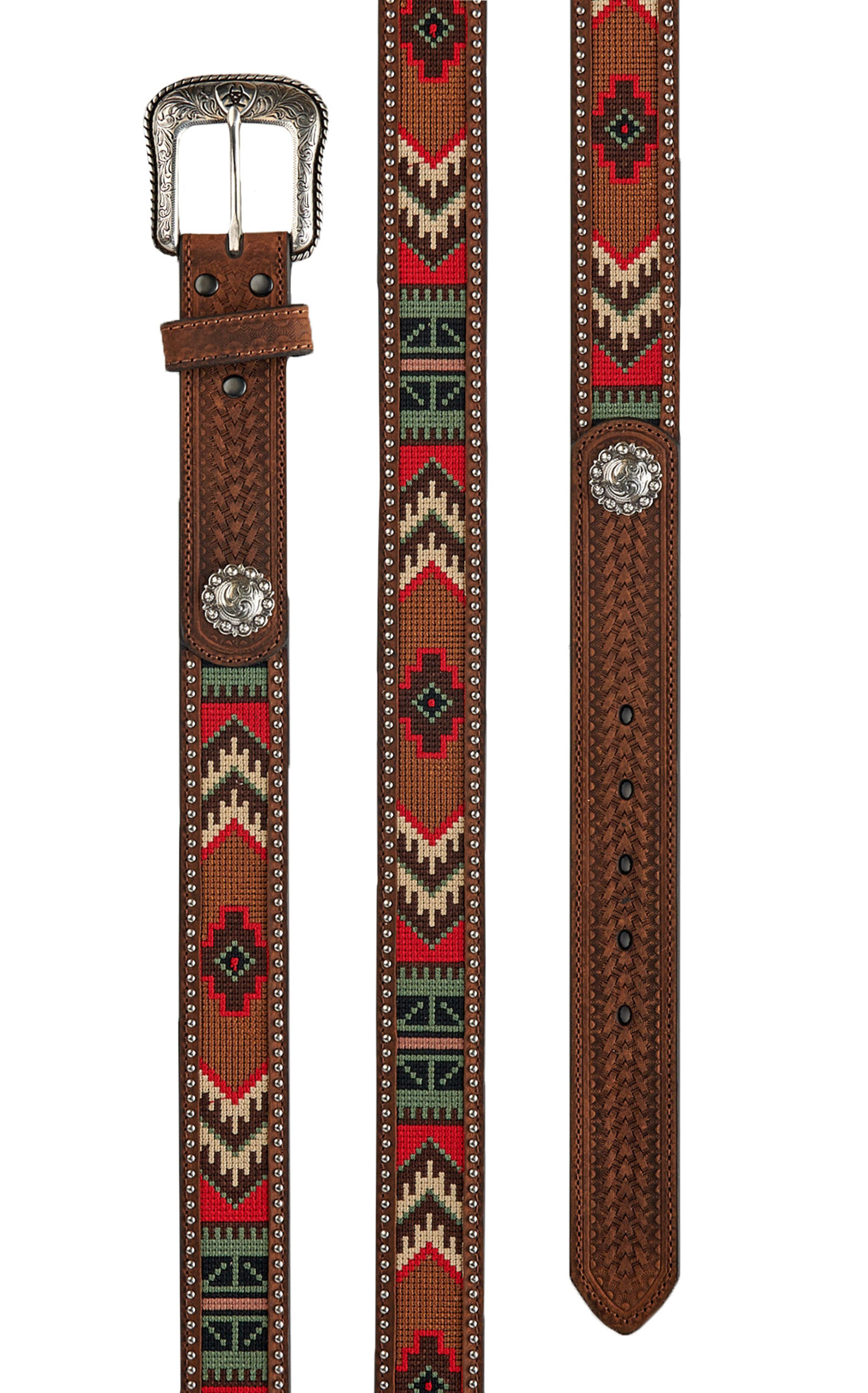 Ariat Men's Brown Leather Basket Weave with Red Aztec Beading Inlay Western Belt - Image 1