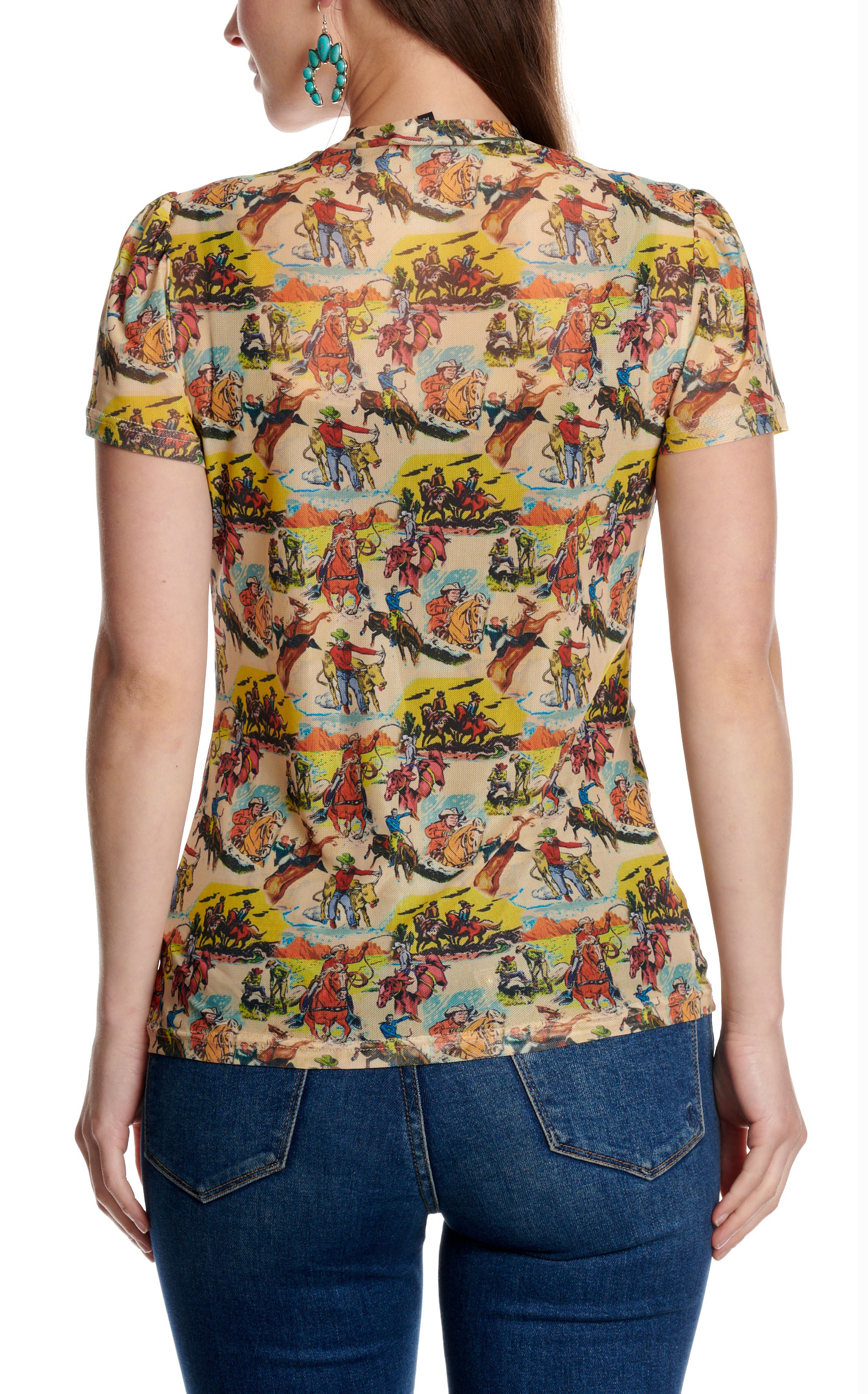 Merigold Kiss Women's Tan Vintage Western Print Mesh Top - Image 2