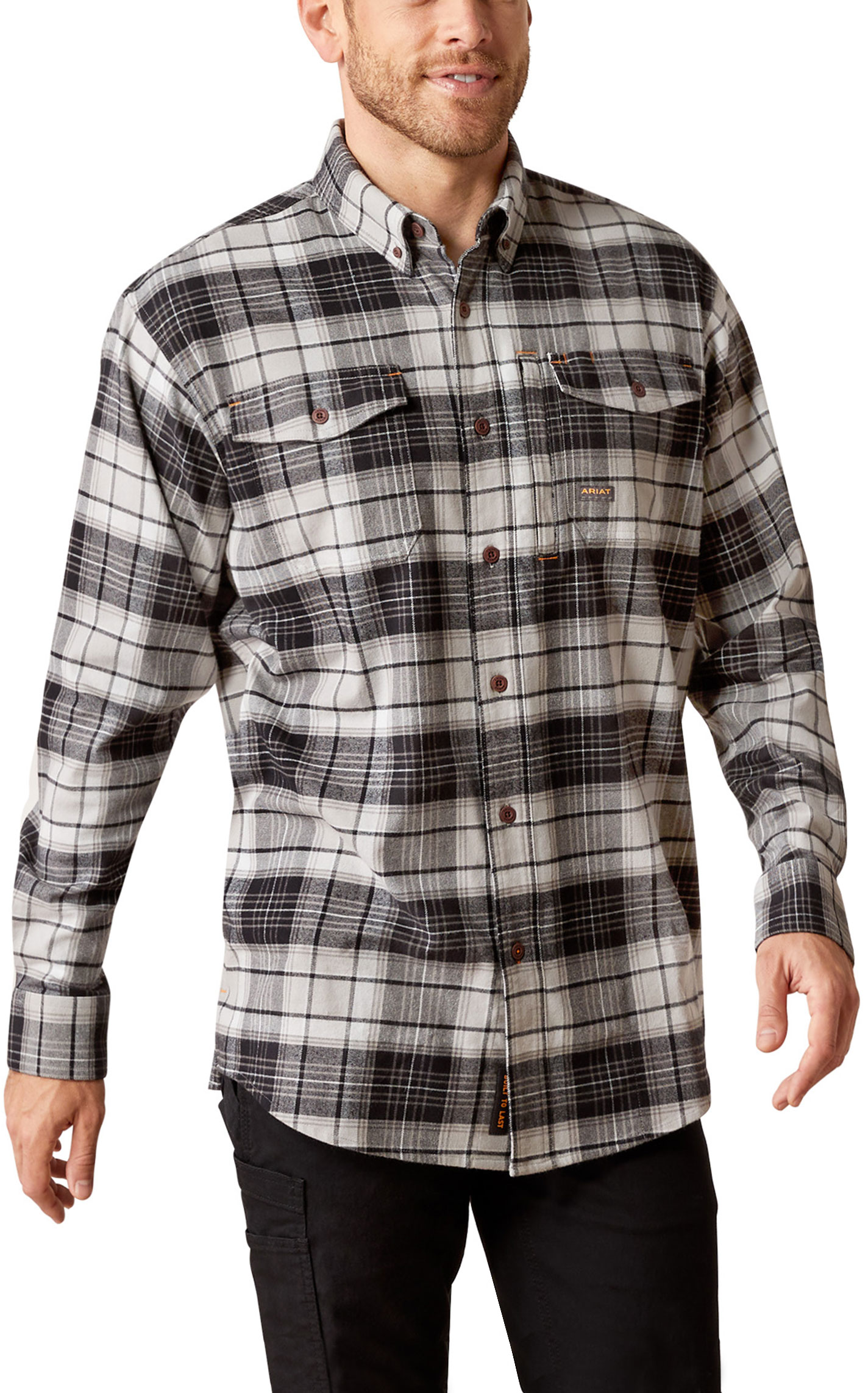Ariat Men's Rebar Black & Gray Plaid DuraStretch Flannel Work Shirt - Image 1
