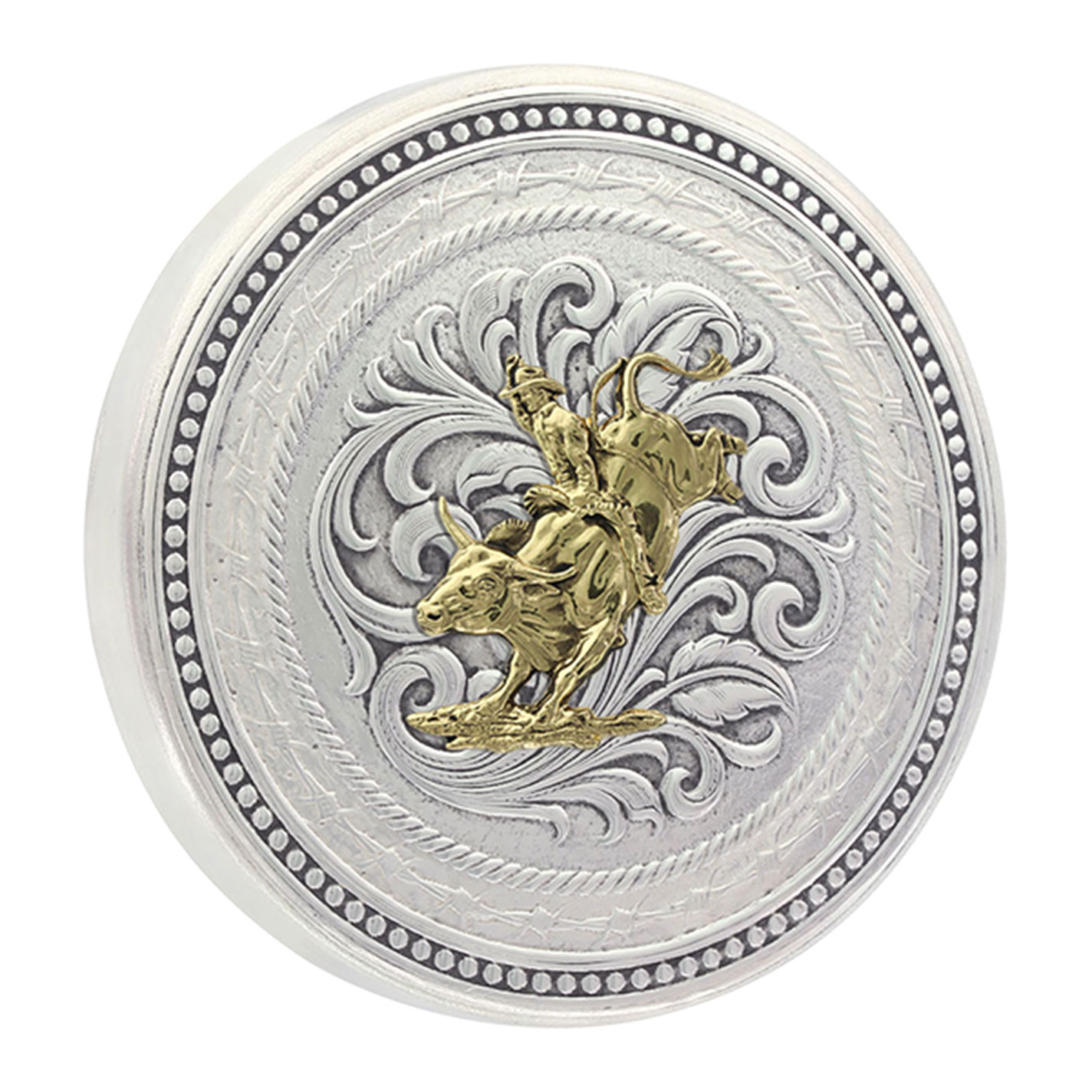 Montana Silversmiths Silver & Gold Barbed Wire Bull Rider Snuff Lid - Image 1