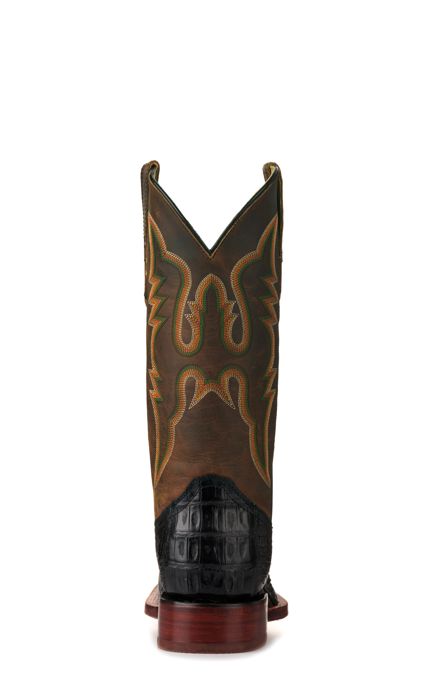 R. Watson Men's Black Caiman Tail and Tan Wide Square Toe Exotic Cowboy Boots - Image 1