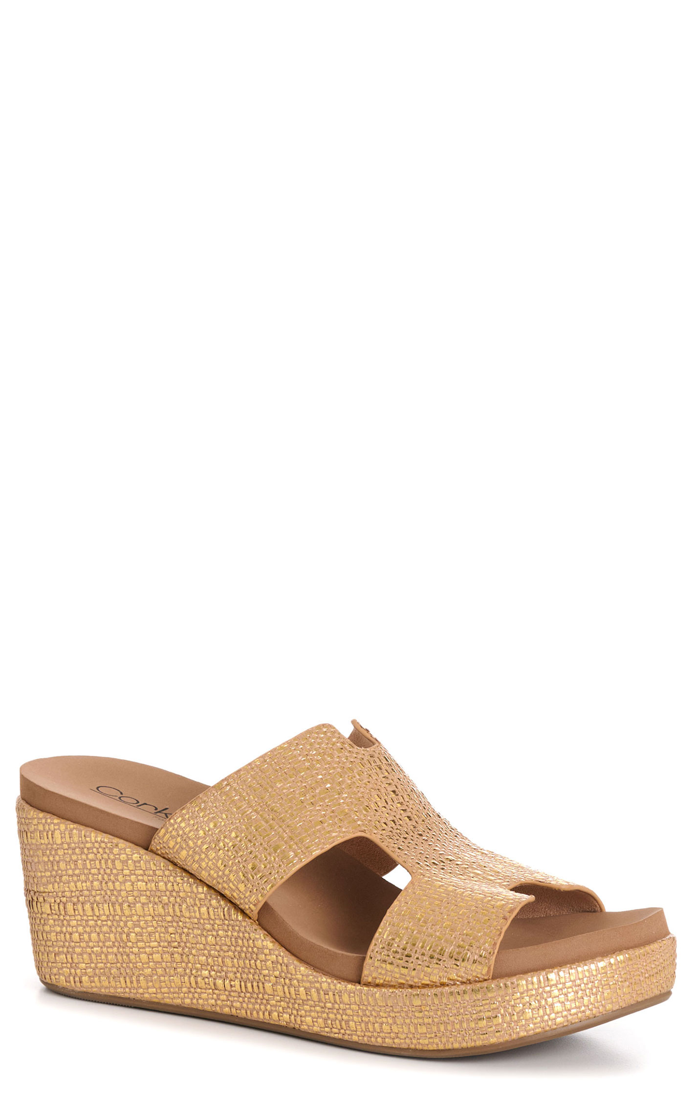 Corky’s Ladies’ Gold Raffia Gora Pucker Up Wedge Slide Sandal - Image 1