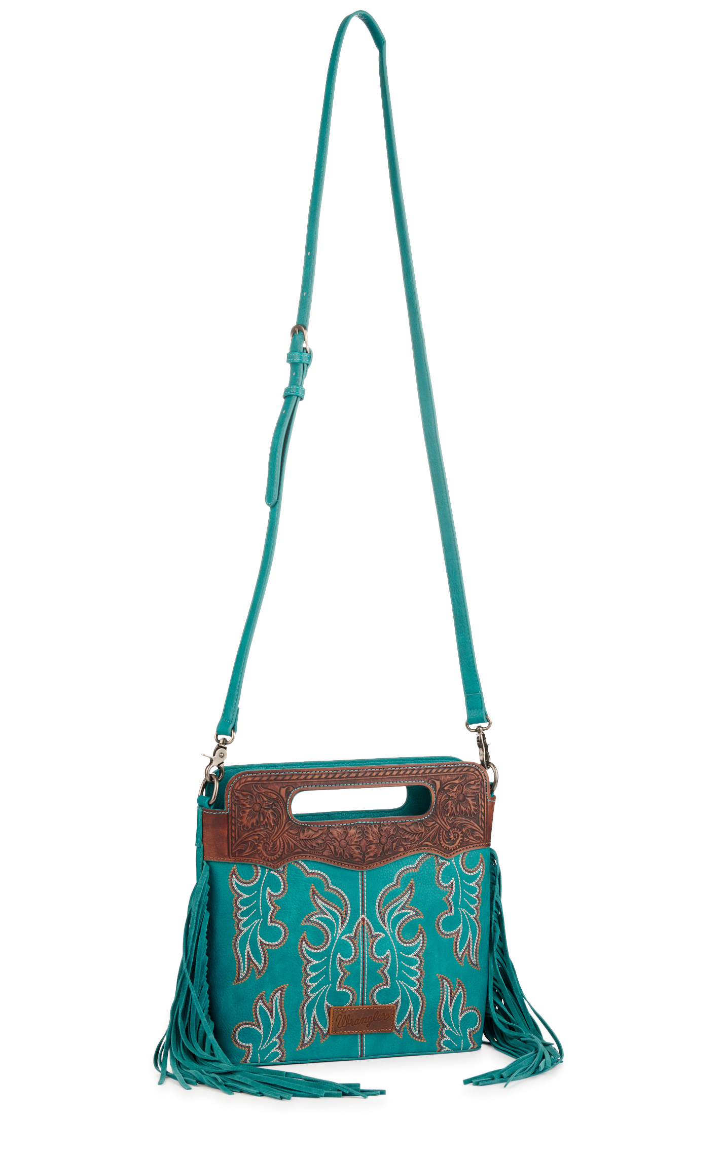 Wrangler Teal Tooled Floral Handle & Fringe Boot-Stitch Accent Concealed Carry Crossbody Bag - Image 1
