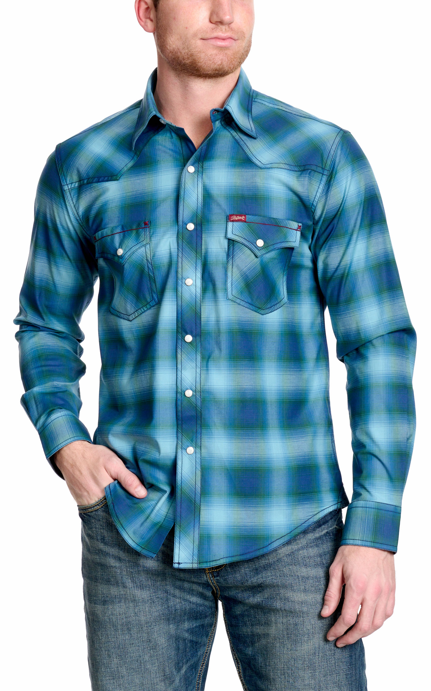 Rafter C Men's Red Dirt Collection Turquoise Plaid Western Shirt - Image 1