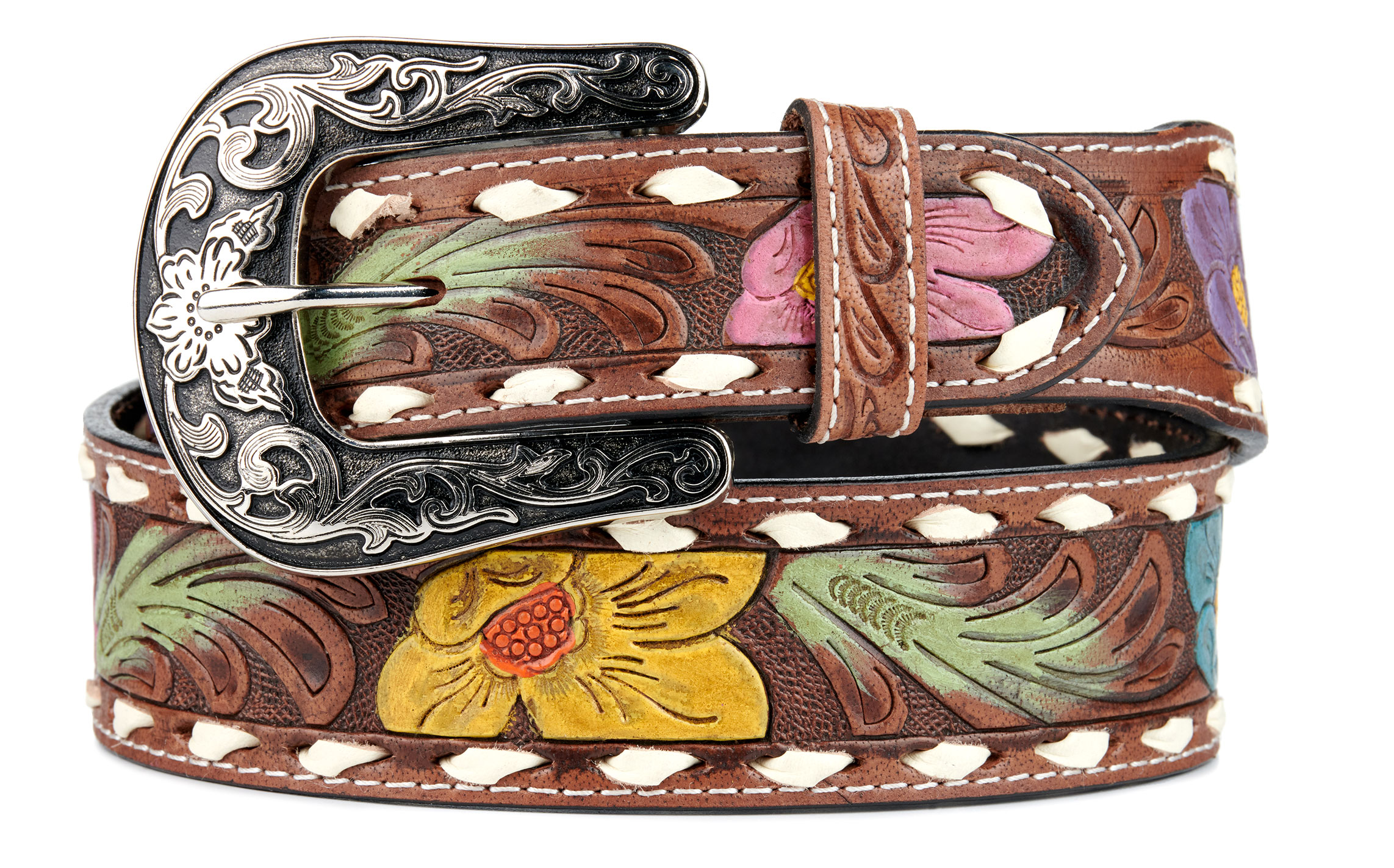 Nocona Women's Leather Tooled Colorful Painted Flower Western Belt - Image 1