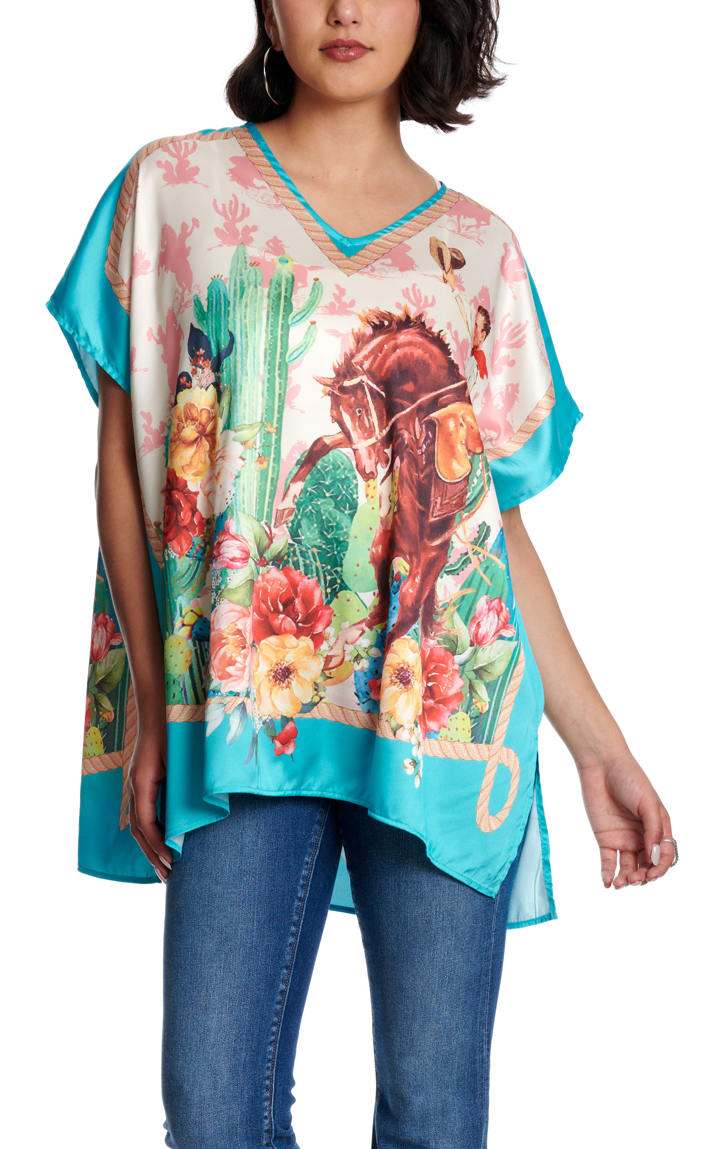 Fashion Express Women's Turquoise Western Horse & Floral Print Poncho Top - Image 1