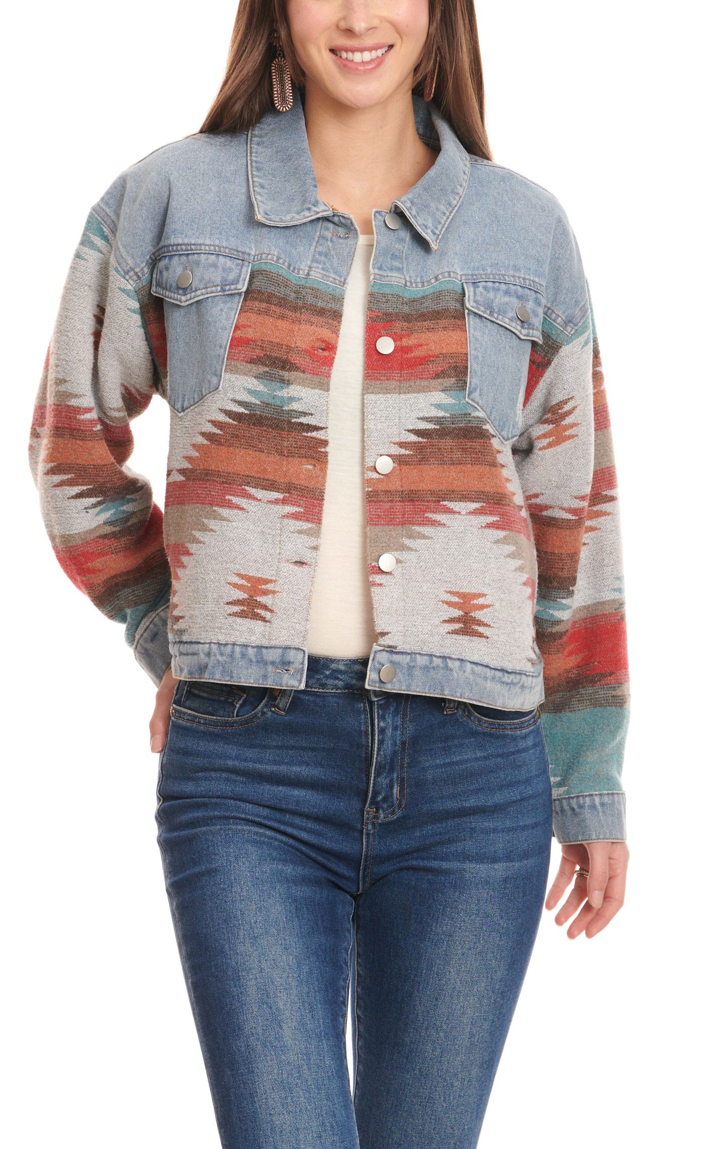 Montana Co Women's Light Wash Denim & Turquoise Sunset Aztec Blanket Jacket - Image 1