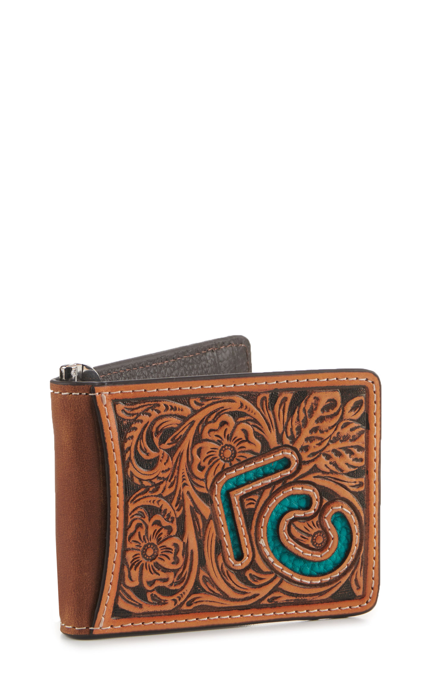 Rafter C Men’s Tan Leather Tooled Turquoise Underlay Slim Bifold Money Clip Wallet - Image 1