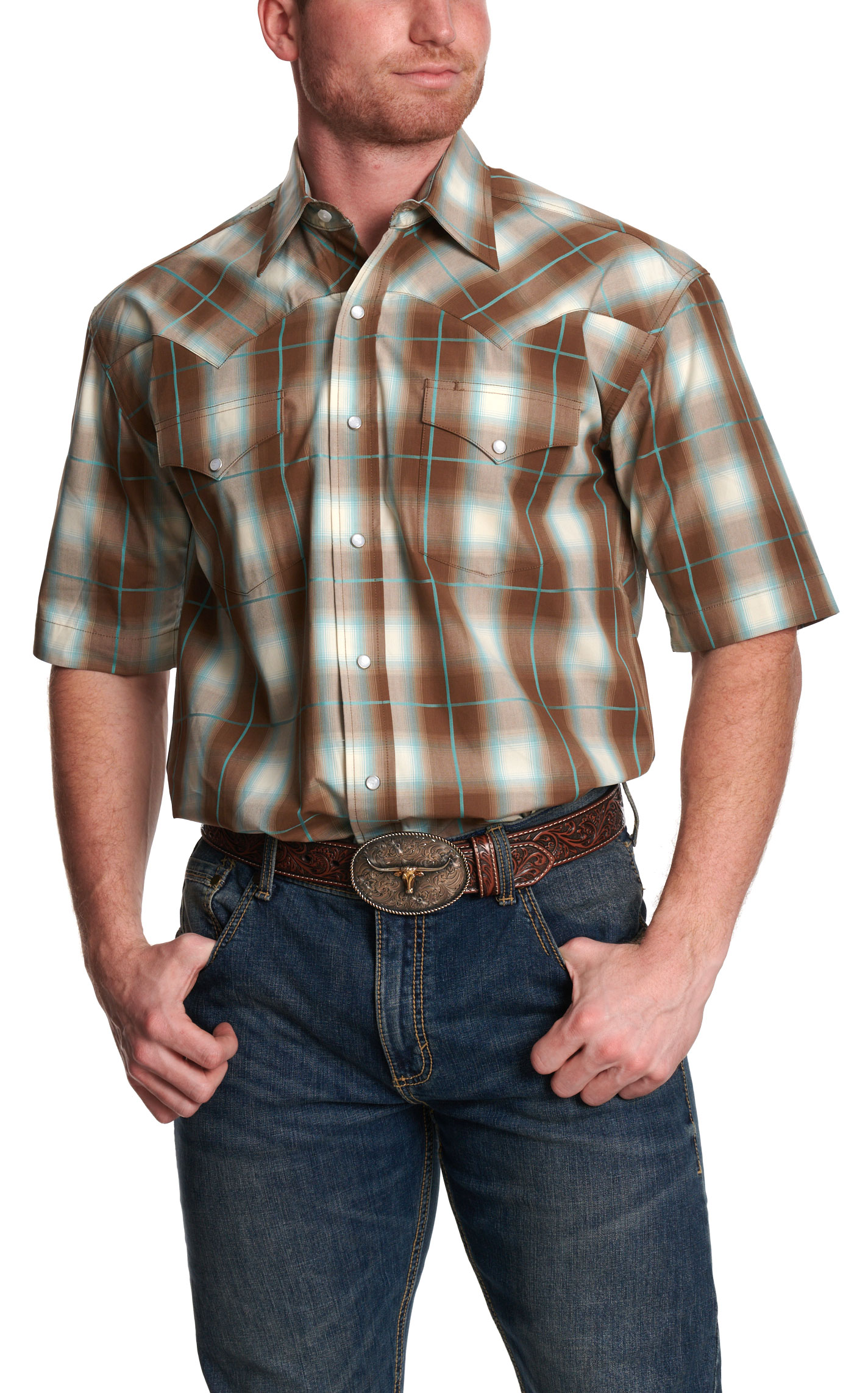 Stetson Men's White & Brown Plaid Short Sleeve Western Shirt - Image 1