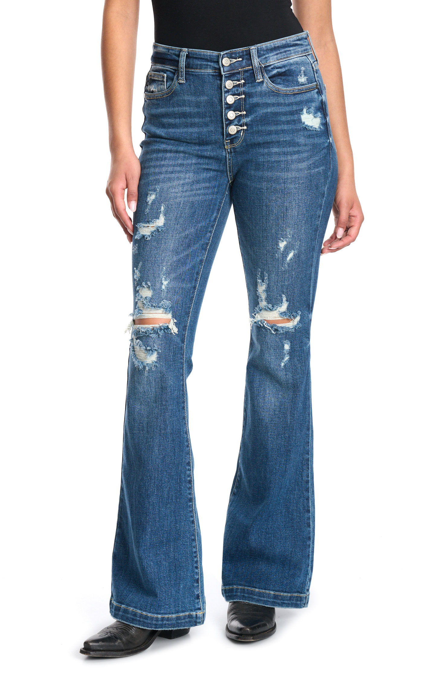 Judy Blue Women's Dark Button Distressed Flare Jeans - Plus Sizes - Image 1