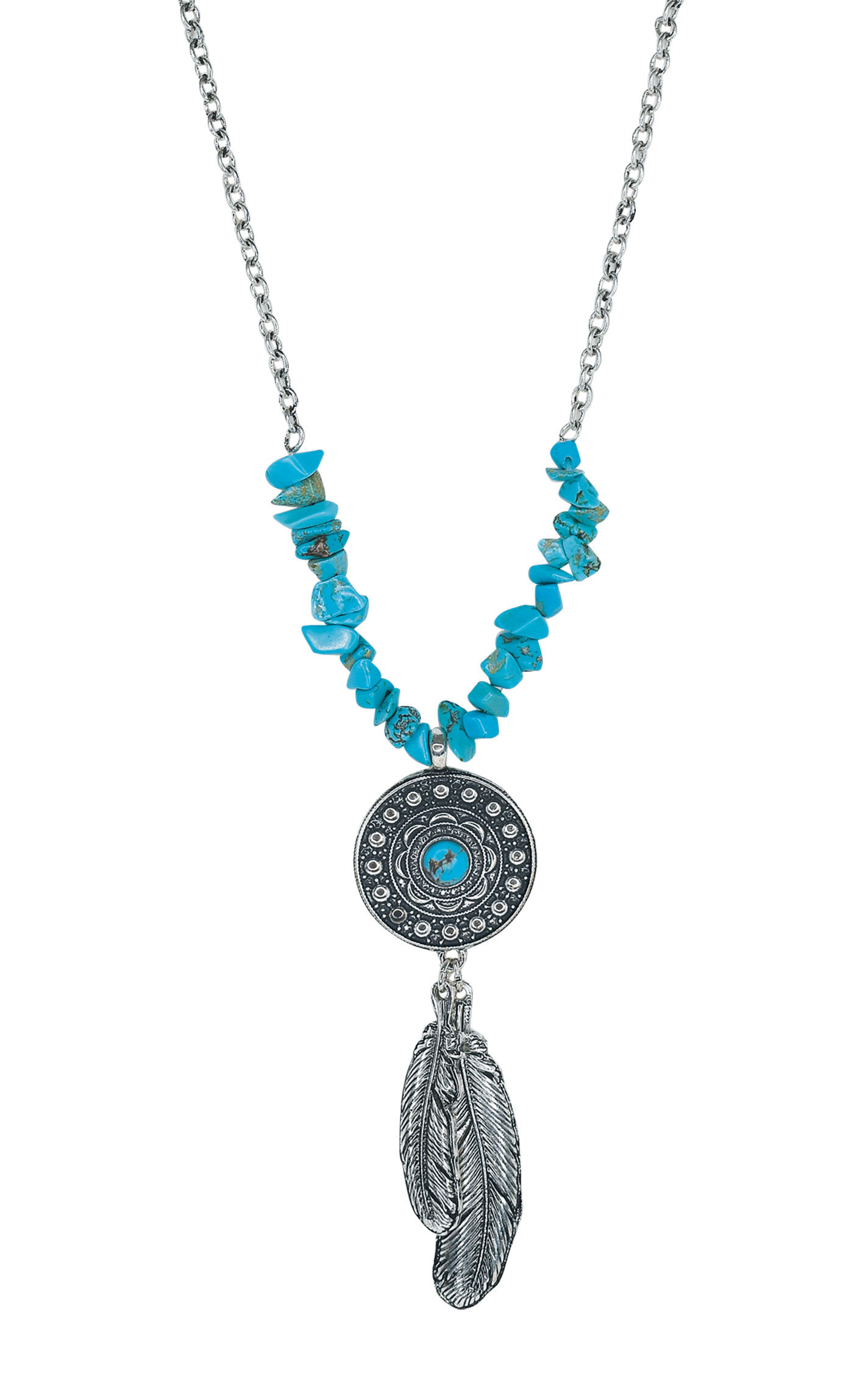 Justin Ladies’ Silver and Turquoise Pendant and Feather Charms Necklace - Image 1