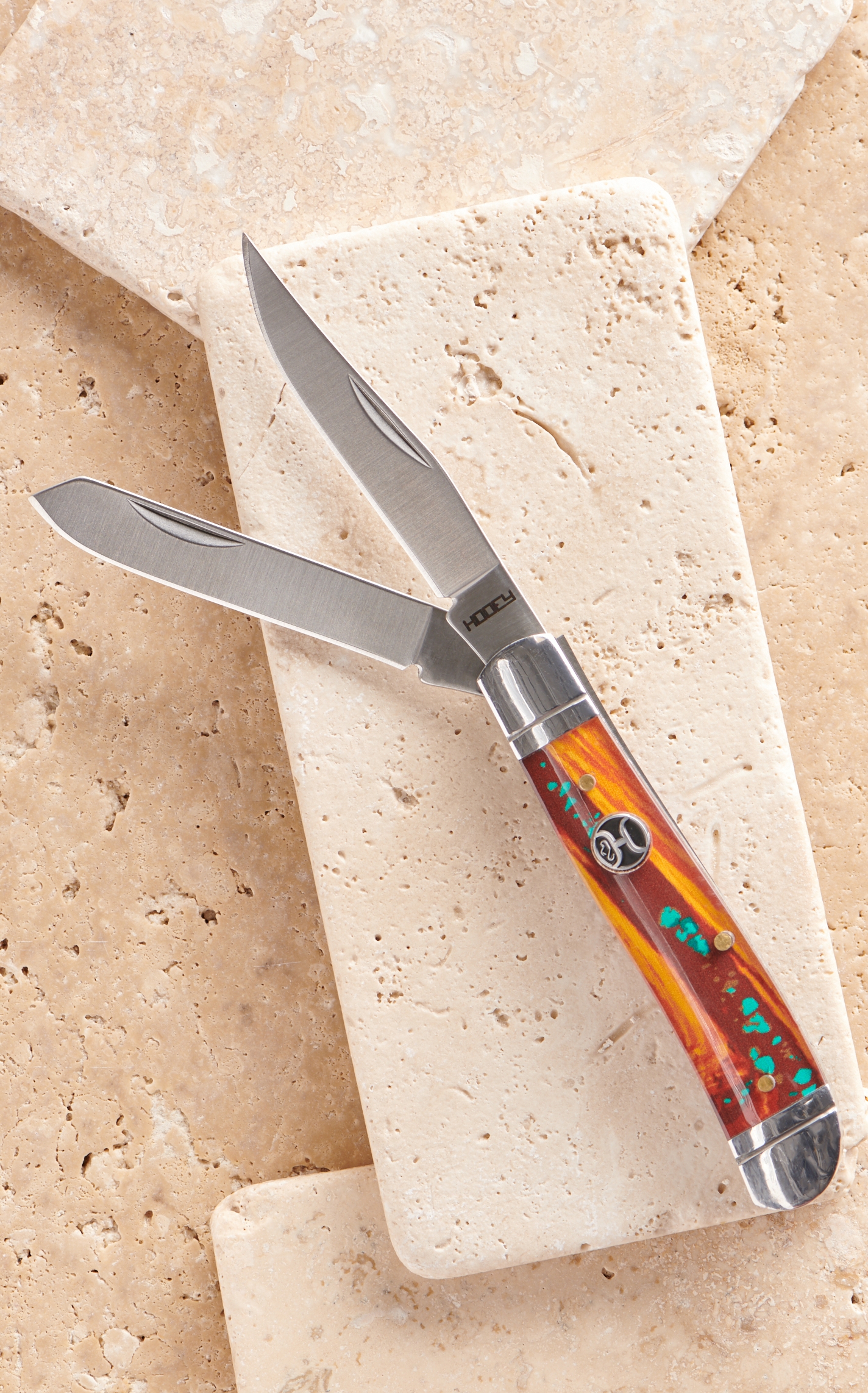 HOOey Brown with Turquoise Acrylic Medium Trapper Knife - Image 1