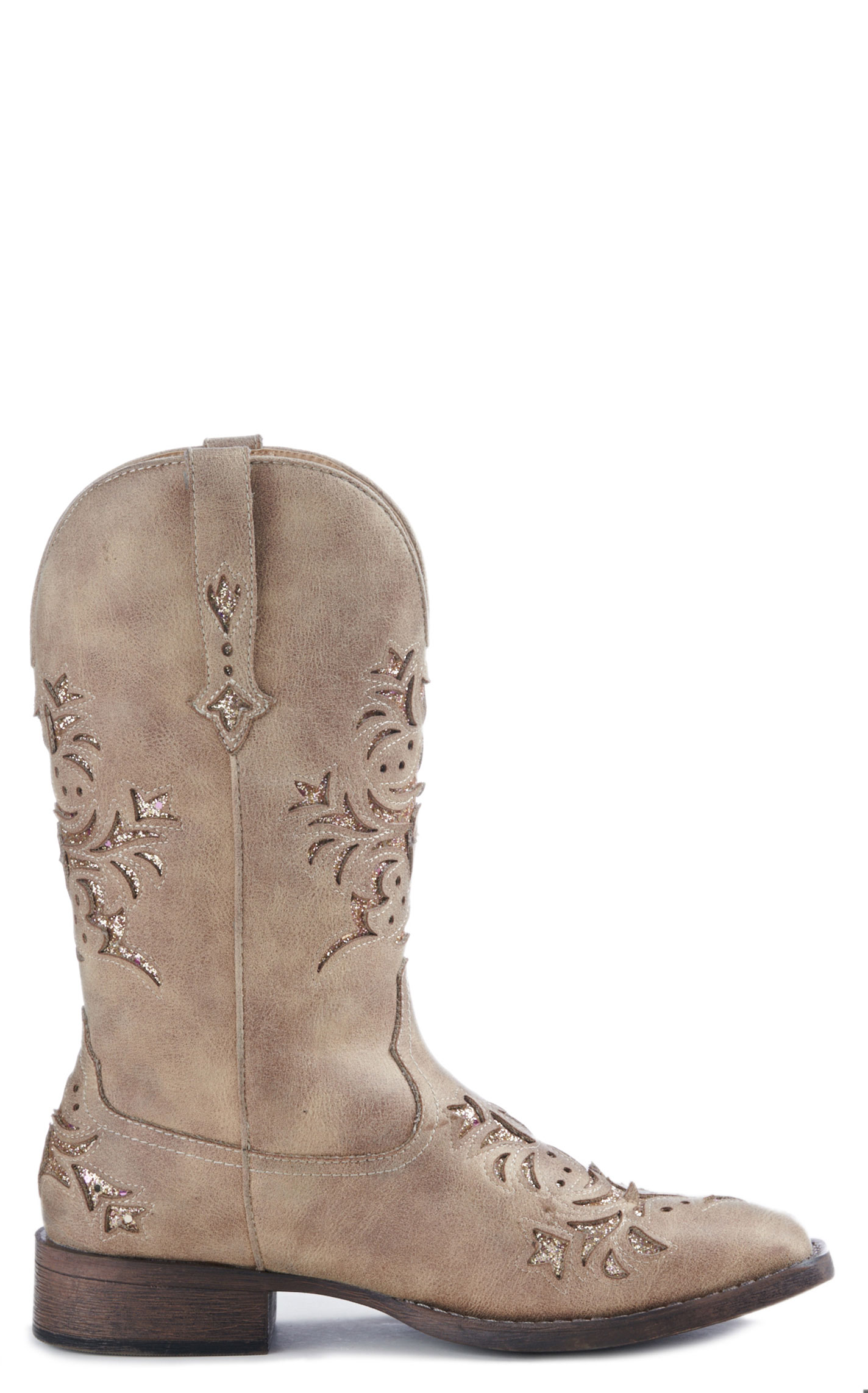 Roper Women's Tan Faux Leather with Gold Glitter Inlay Square Toe Cowboy Boot - Image 1