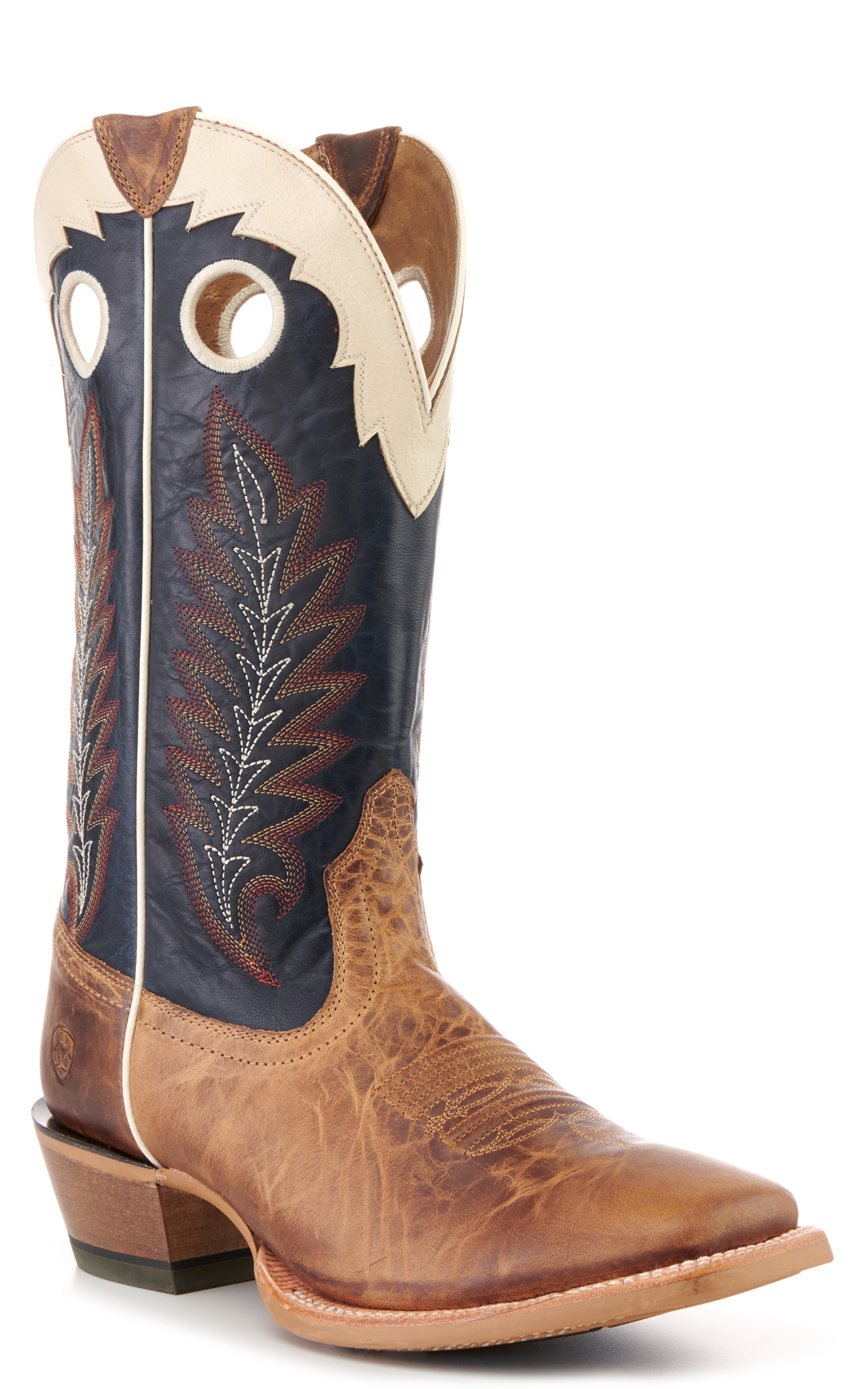 Ariat Men's Real Deal Wheat Brown and Navy Wide Square Toe Buckaroo Cowboy Boots - Image 1