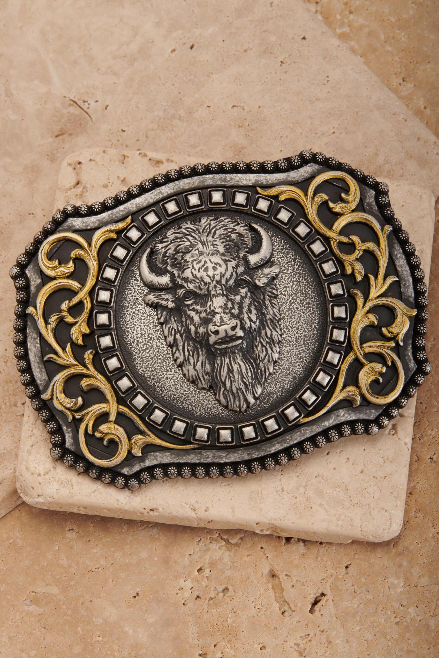 Nocona Antiqued Silver Buffalo with Gold Scrolling Rectangle Belt Buckle - Image 1