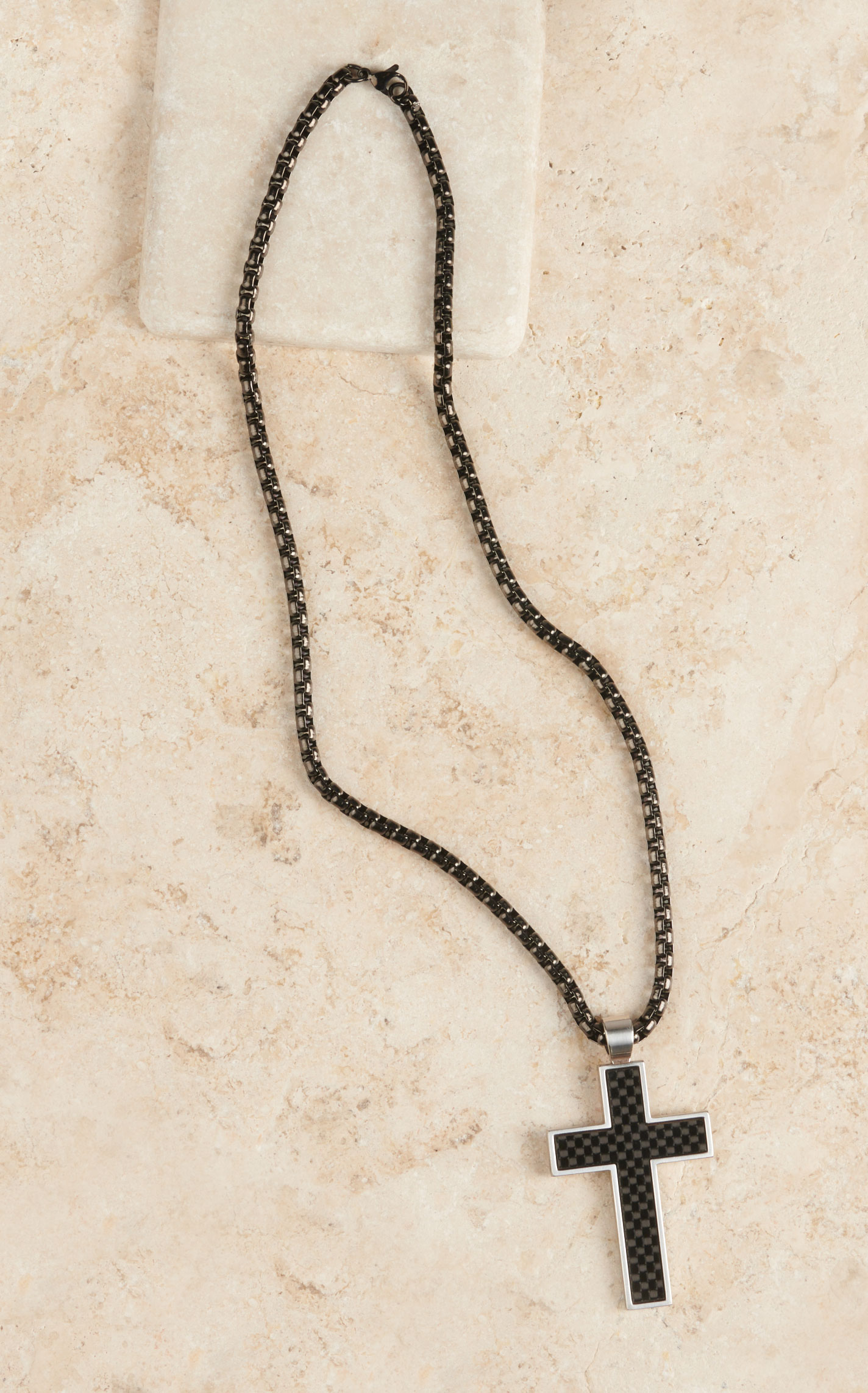 Silver Strike Men's Black Box-Link Chain with Large Gunmetal Cross Pendant Necklace - Image 1