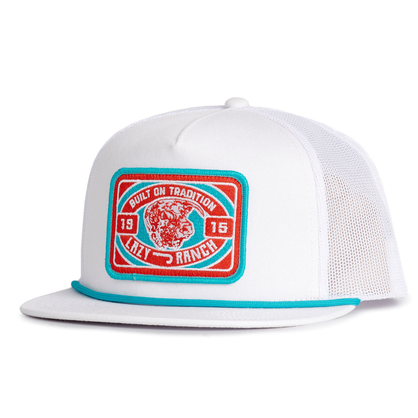 Lazy J Ranch Wear White Patch & Rope Flat Bill Mesh Cap - Image 1