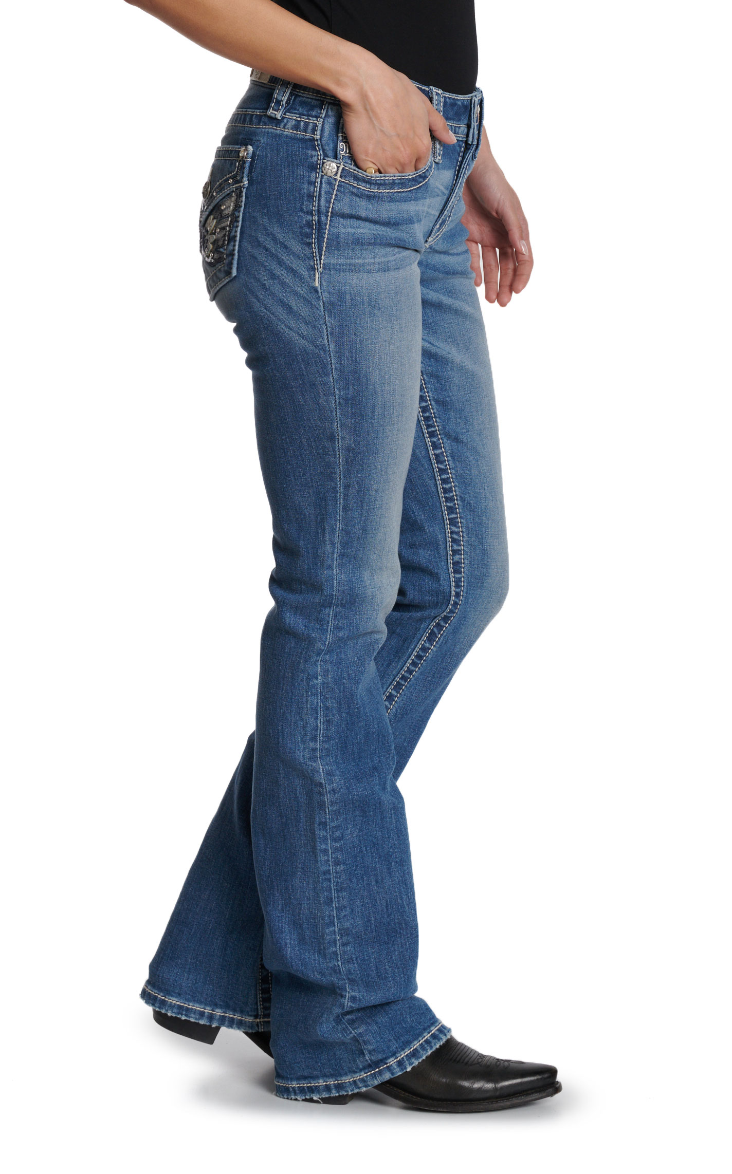 Miss Me Women’s Medium Wash Wing Pocket 34” Bootcut Jeans - Image 1