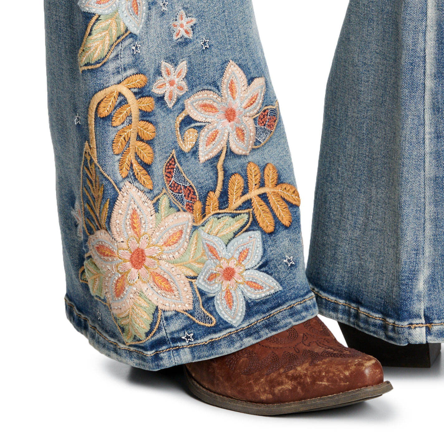 Grace In LA Women's Medium Blue Flare Cut Floral Embroidered Jeans - Image 1