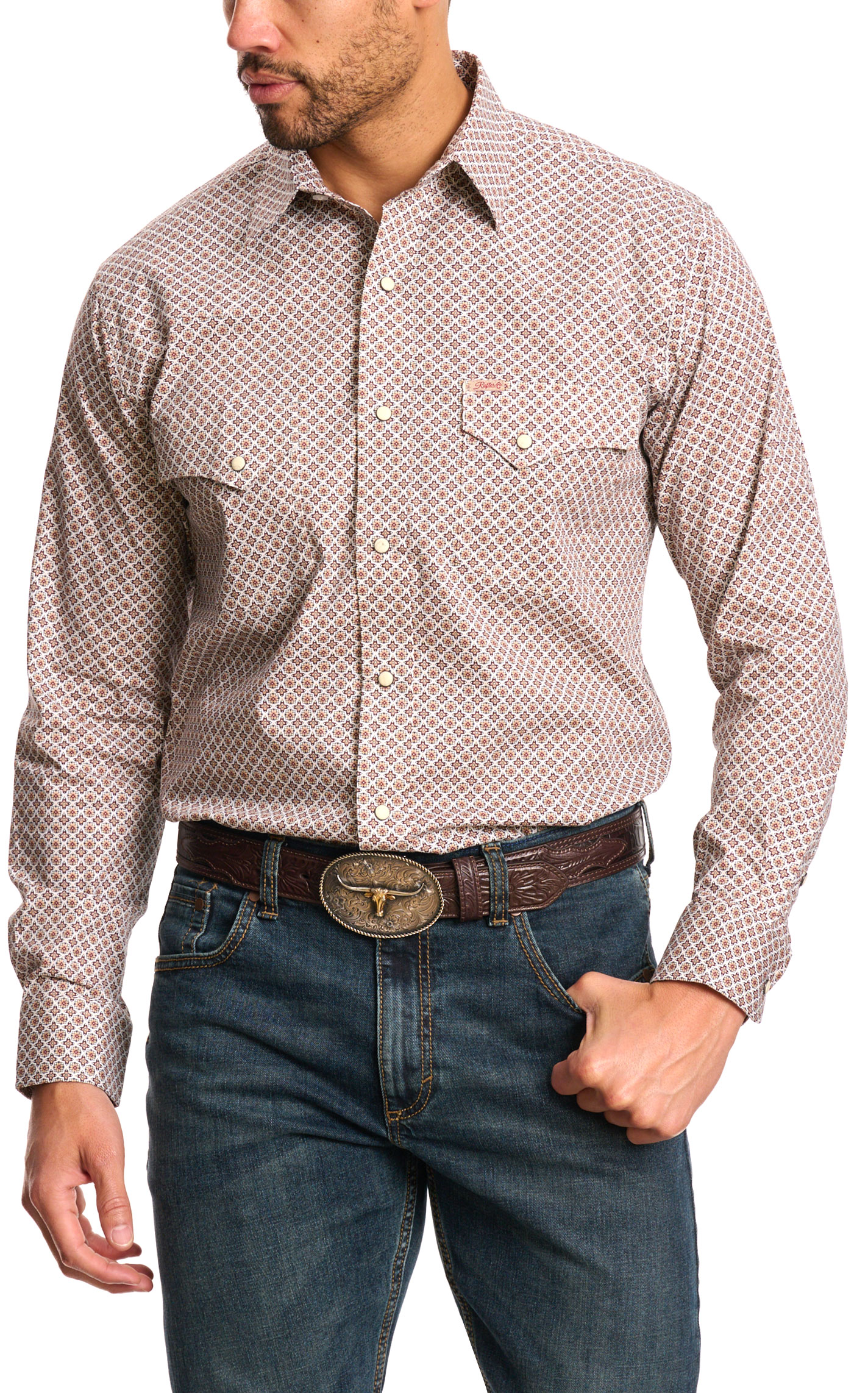 Rafter C Men's ProFlex45 Brown Sugar Geo Print Western Shirt - Image 1