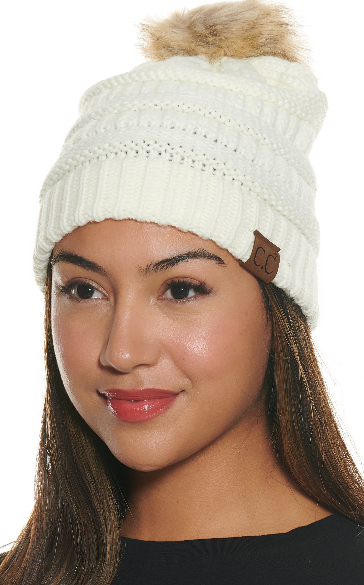 C.C. Brands Women's Solid Ivory with Pom Pom Knit Beanie - Image 1