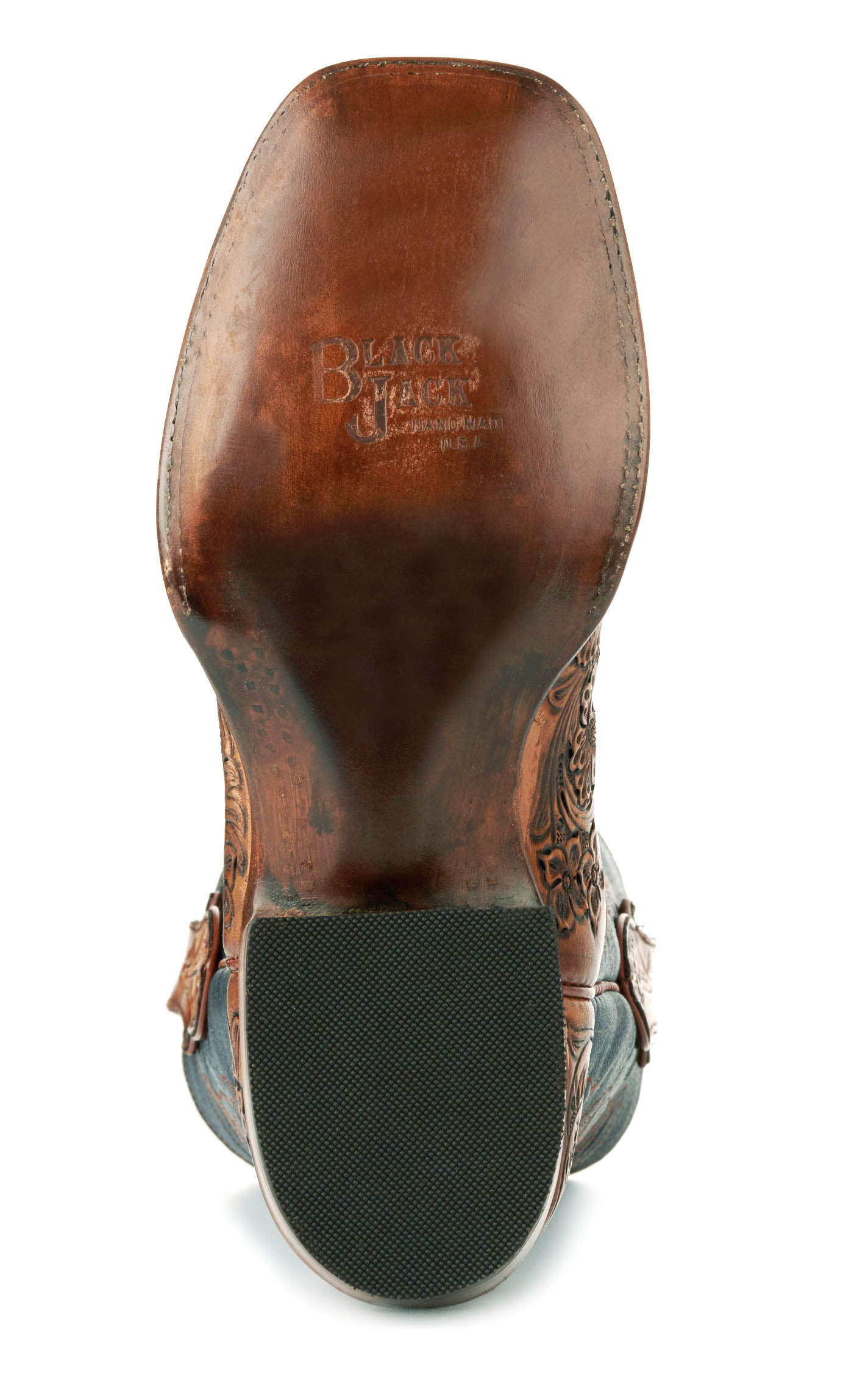 Black Jack Men's Mahogany Tan Hand Tooled and Navy Wide Square Toe Cowboy Boots - Image 1