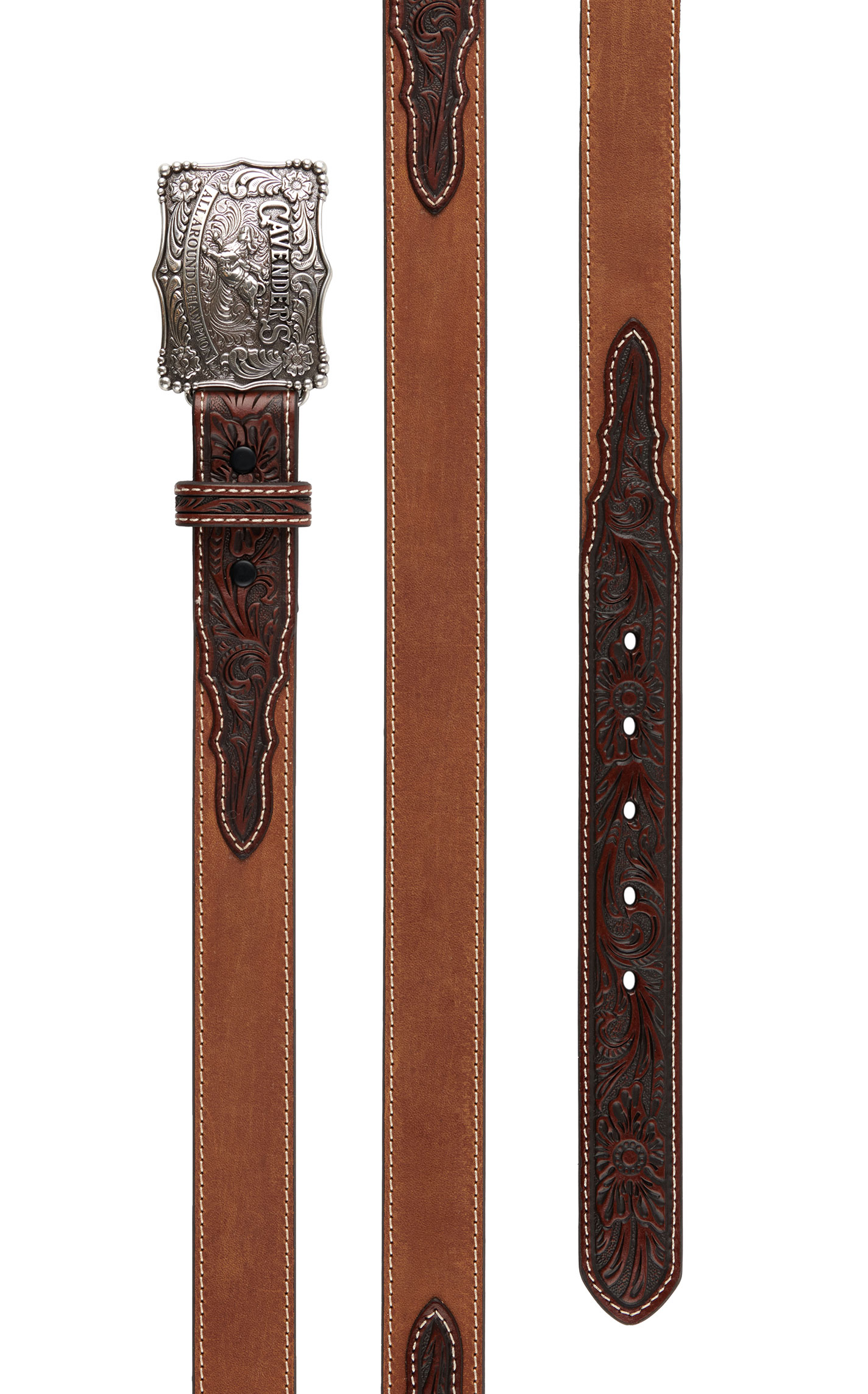 Cavender's Kid's Tan and Mahogany Floral Tooling Silver Champion Etched Buckle on Western Belt - Image 1