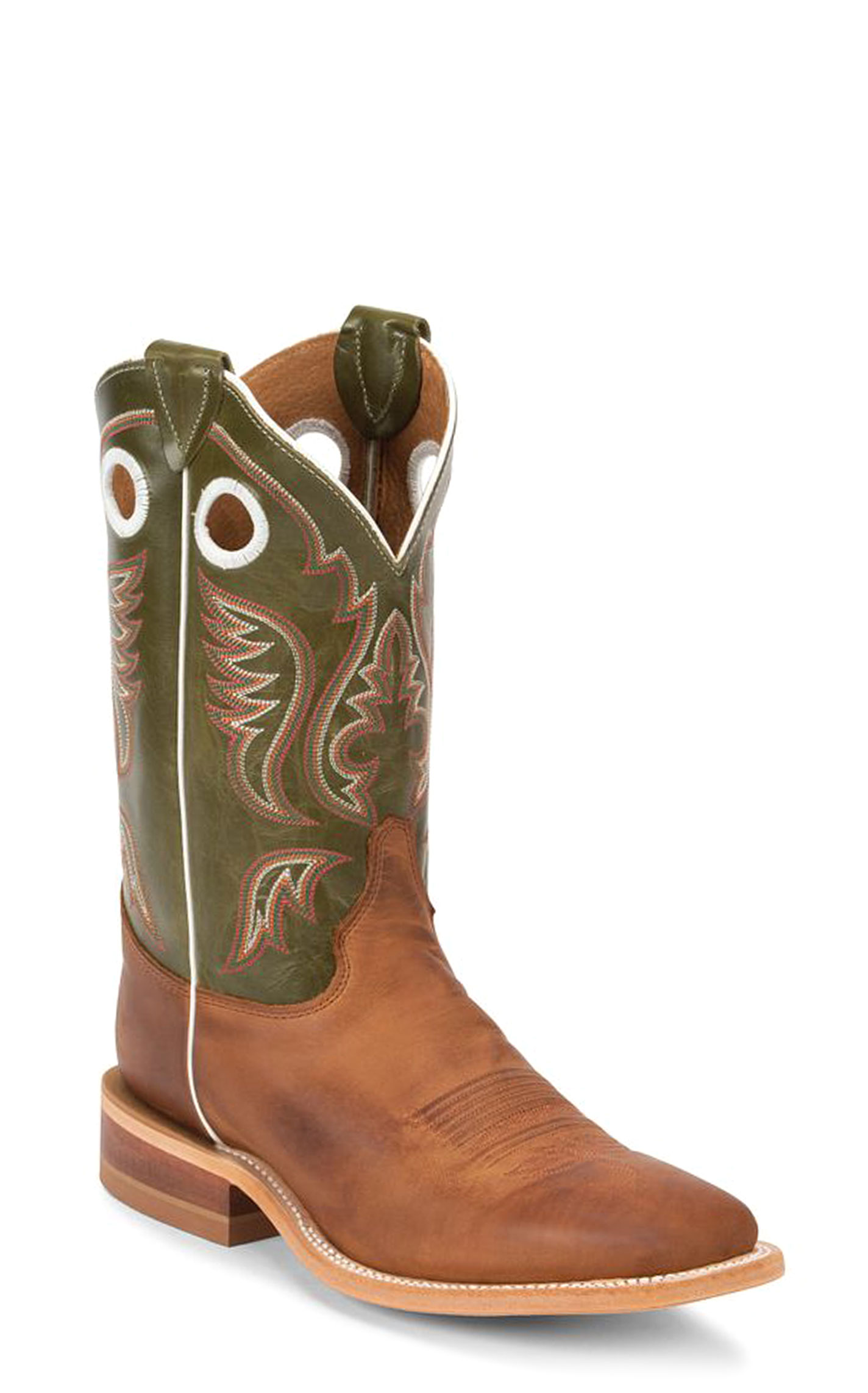 Justin Men's Bent Rail Austin Cognac and Green Wide Square Toe Cowboy Boots - Image 1