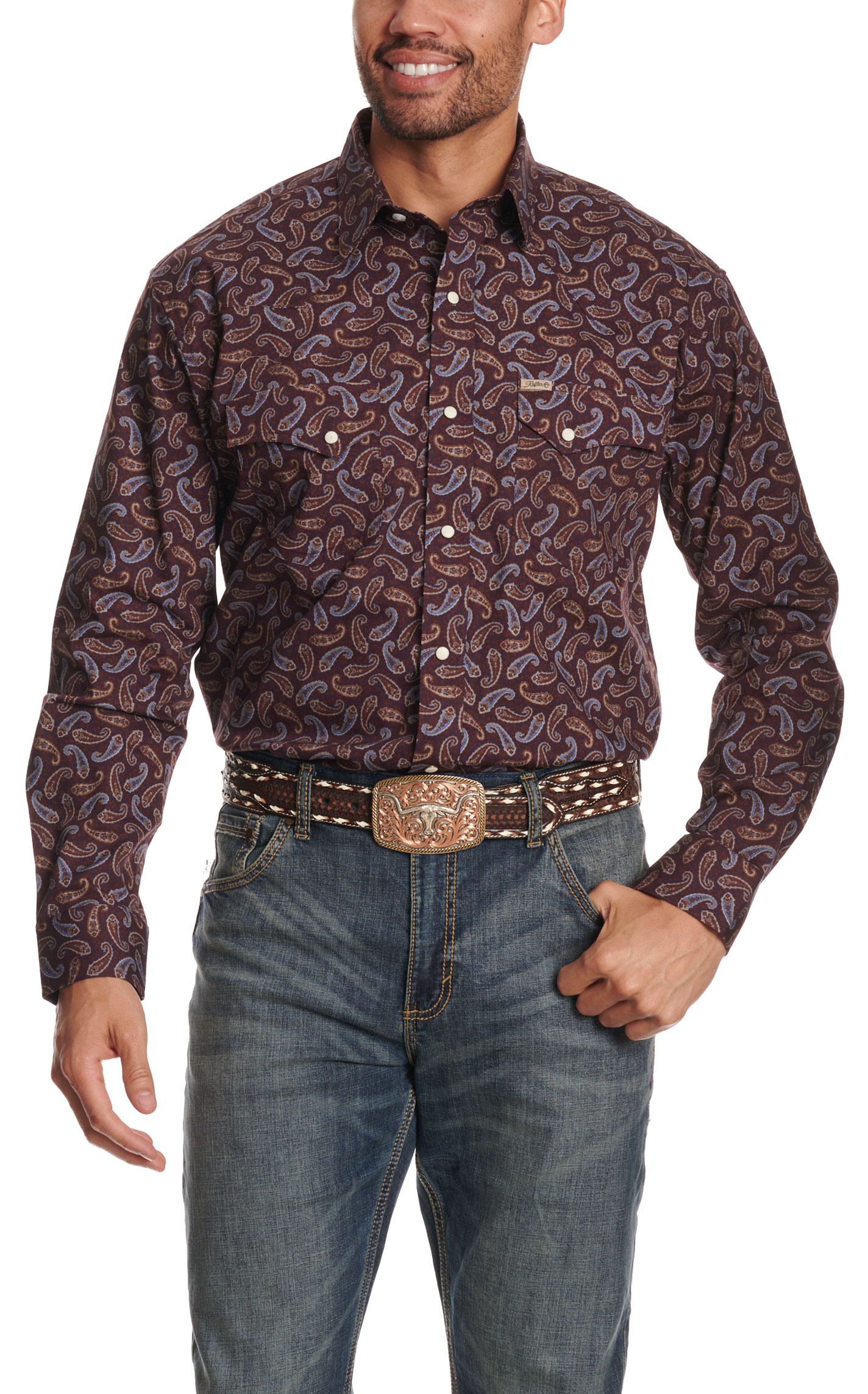 Rafter C Men's Brown Blue & Green Paisley Western Shirt - Image 1