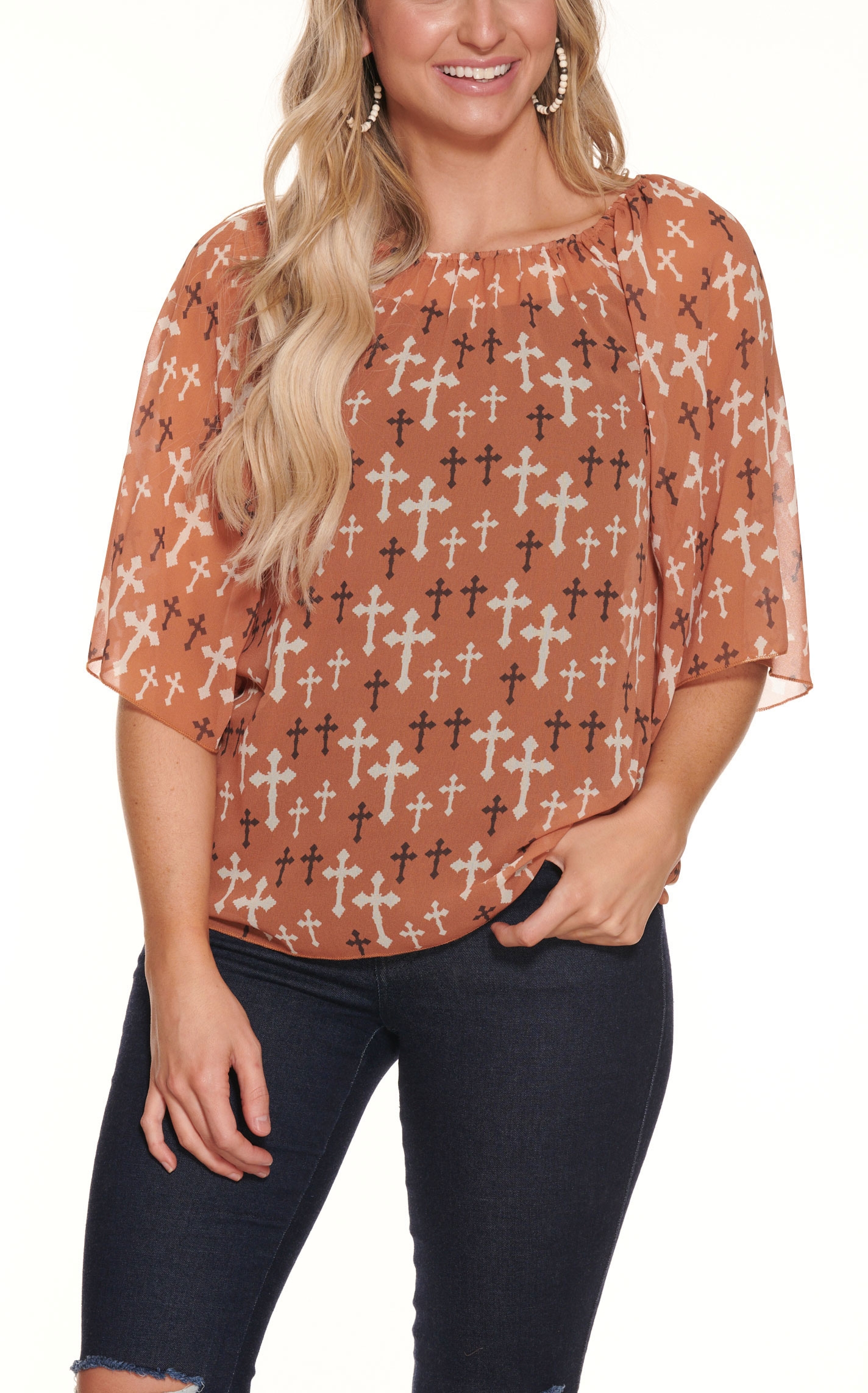 Cowgirl Hardware Women's Rust with Cream and Brown Cross Print 3/4 Bell Sleeves Top - Image 1
