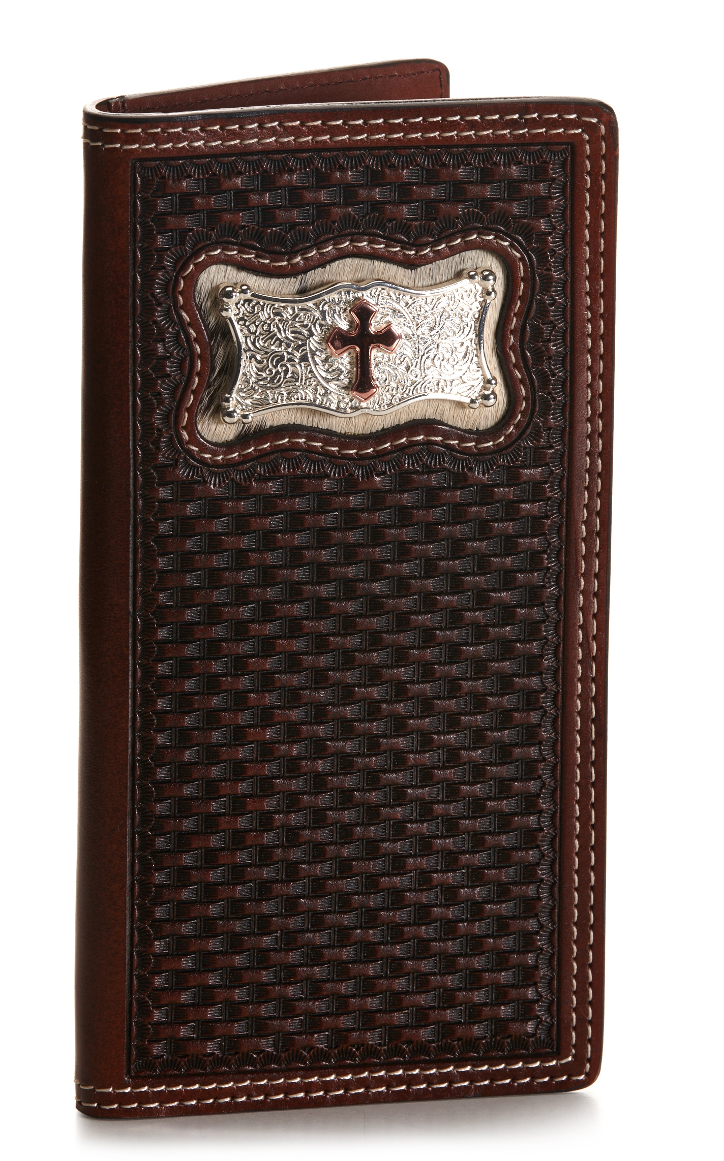 Cowboy Chrome Men's Dark Brown Basketweave with Cross Concho Rodeo Wallet - Image 1