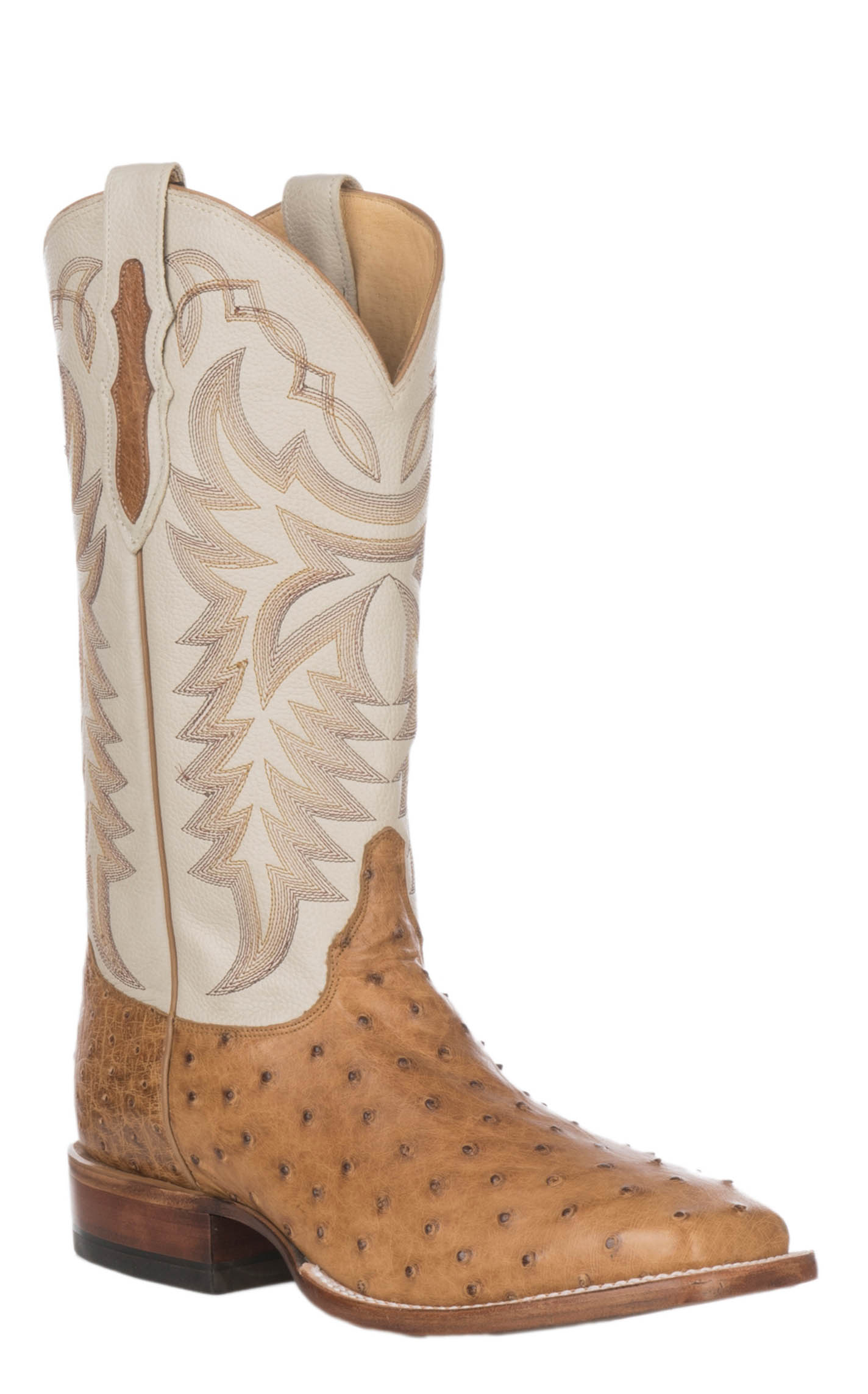 Justin Men's Pascoe Ivory and Antique Saddle Brown Full Quill Ostrich Wide Square Toe Exotic Cowboy Boots - Image 1
