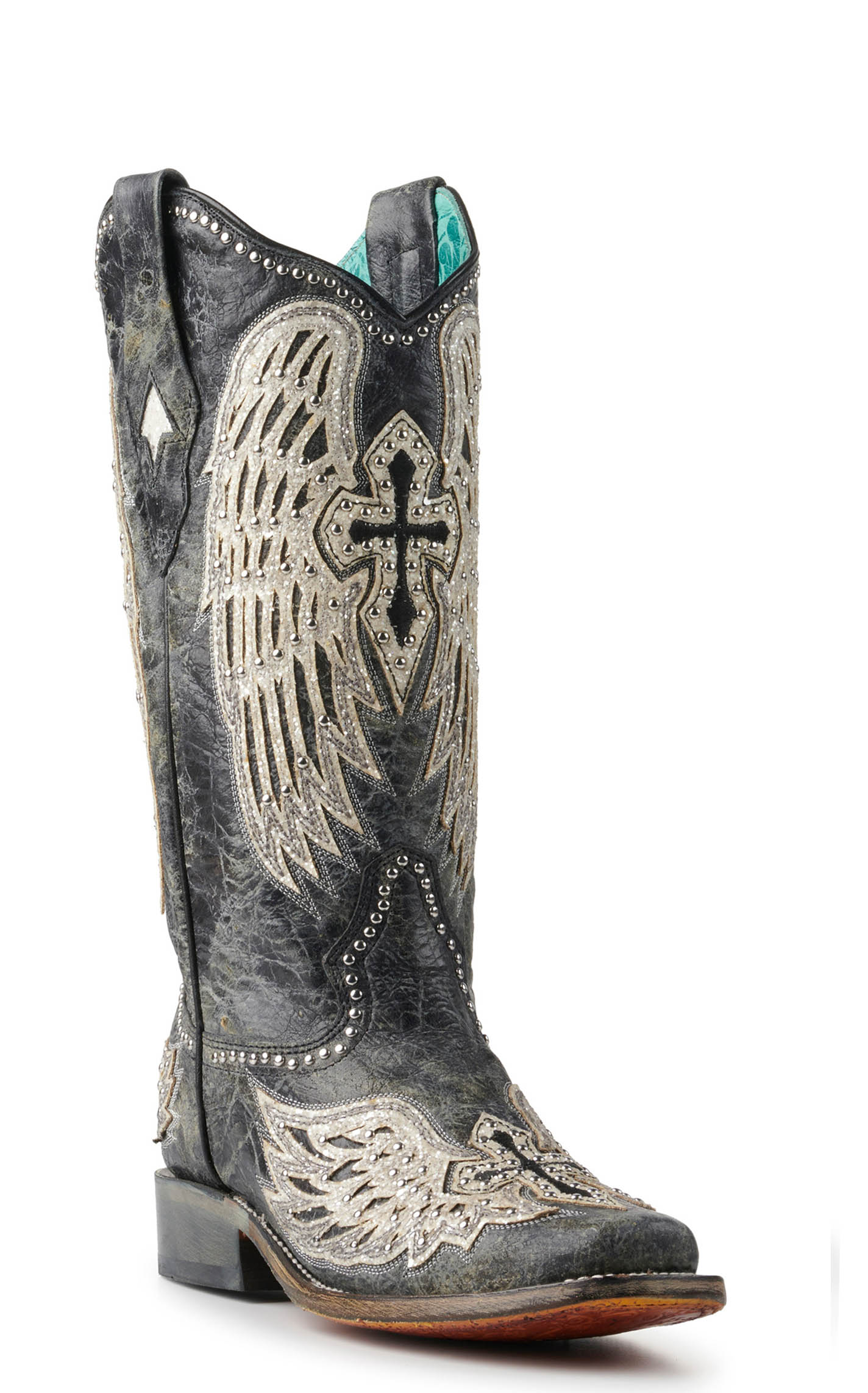 Corral Women's Distressed Black with Cross & Wings Square Toe Cowboy Boots - Image 1