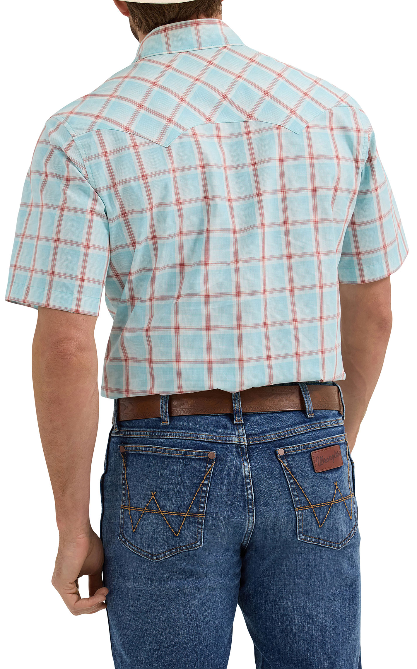 Wrangler Retro Men's Aqua & Rust Plaid Short Sleeve Western Shirt - Image 1