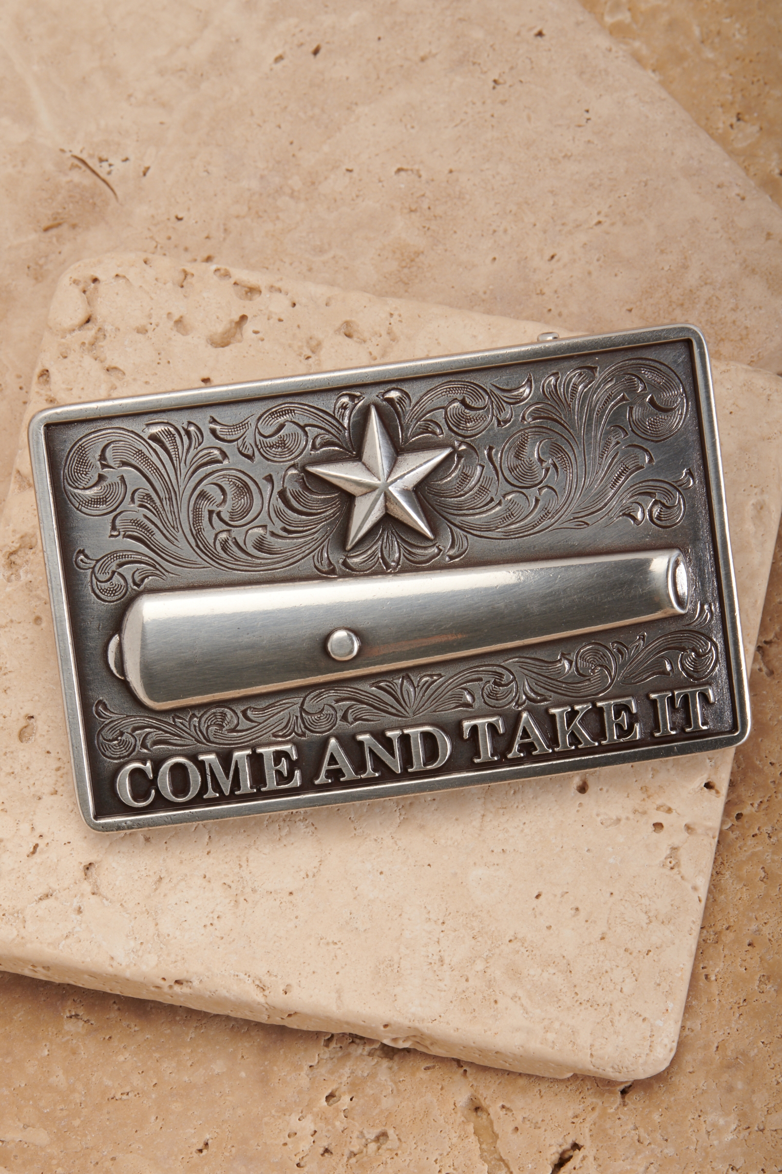 Nocona Silver Come and Take It Canon Rectangle Belt Buckle - Image 1