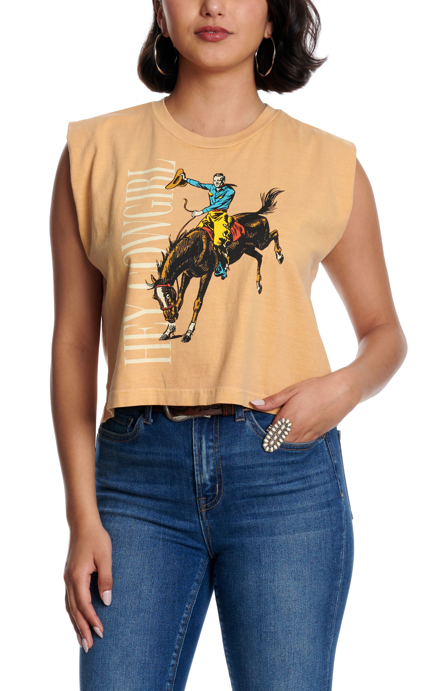 Howdy Hanny Women's Mustard Hey Cowgirl Graphic Cropped Top - Image 1