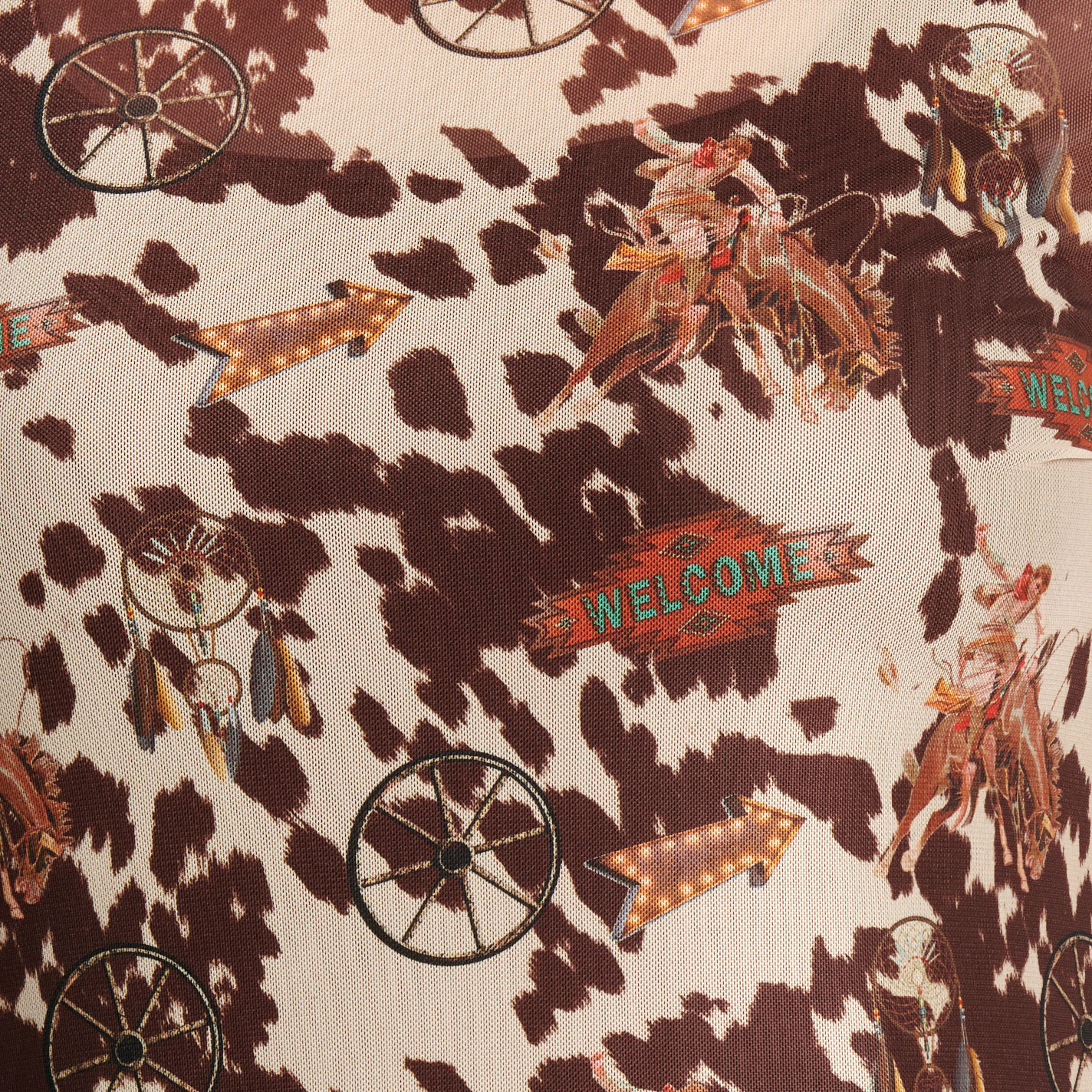 Merigold Kiss Women's Tan & Brown Cowhide Buckaroo Print Mesh Top - Image 1